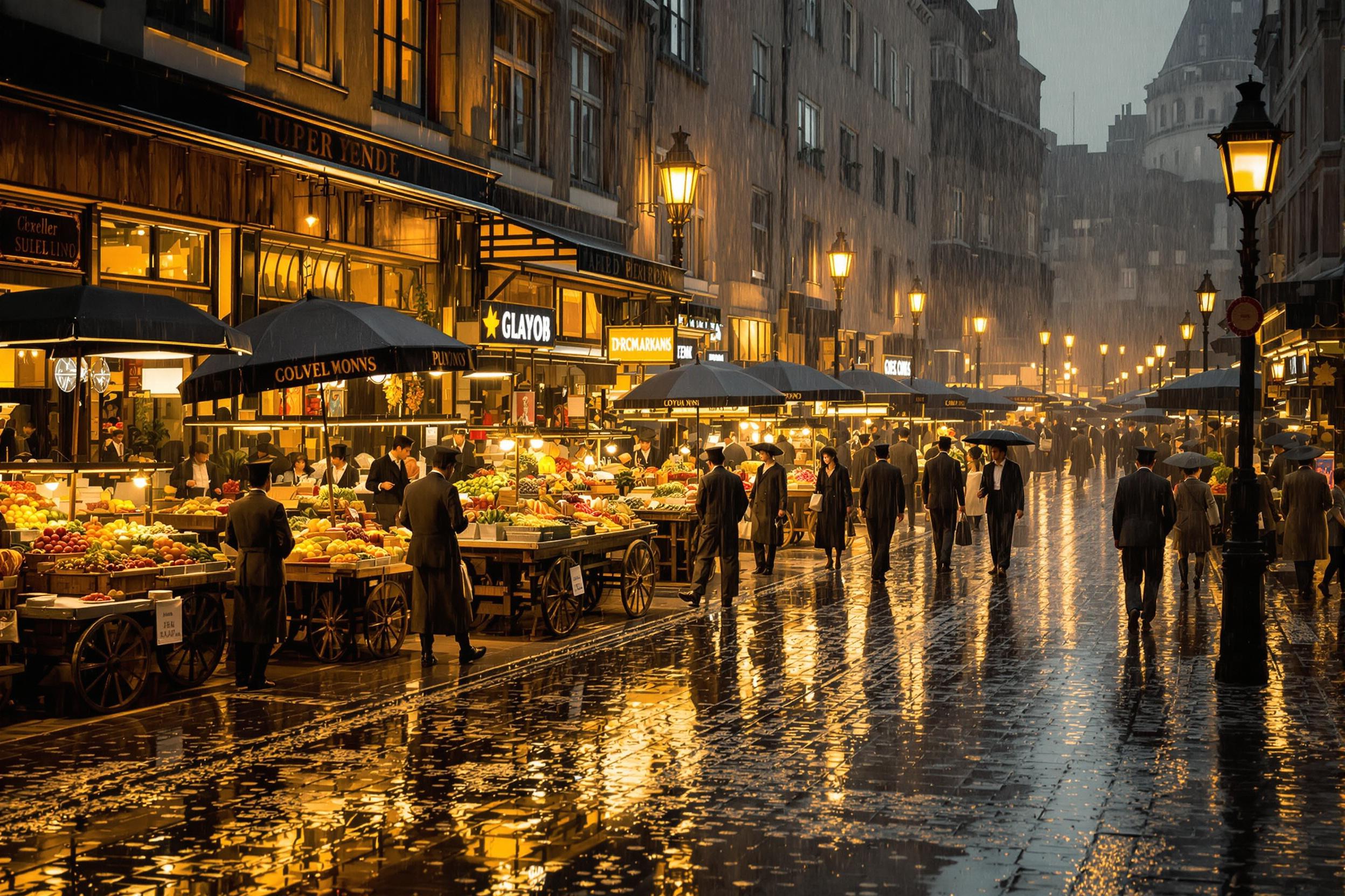 1930s Street Market in Rain Transforming Moments