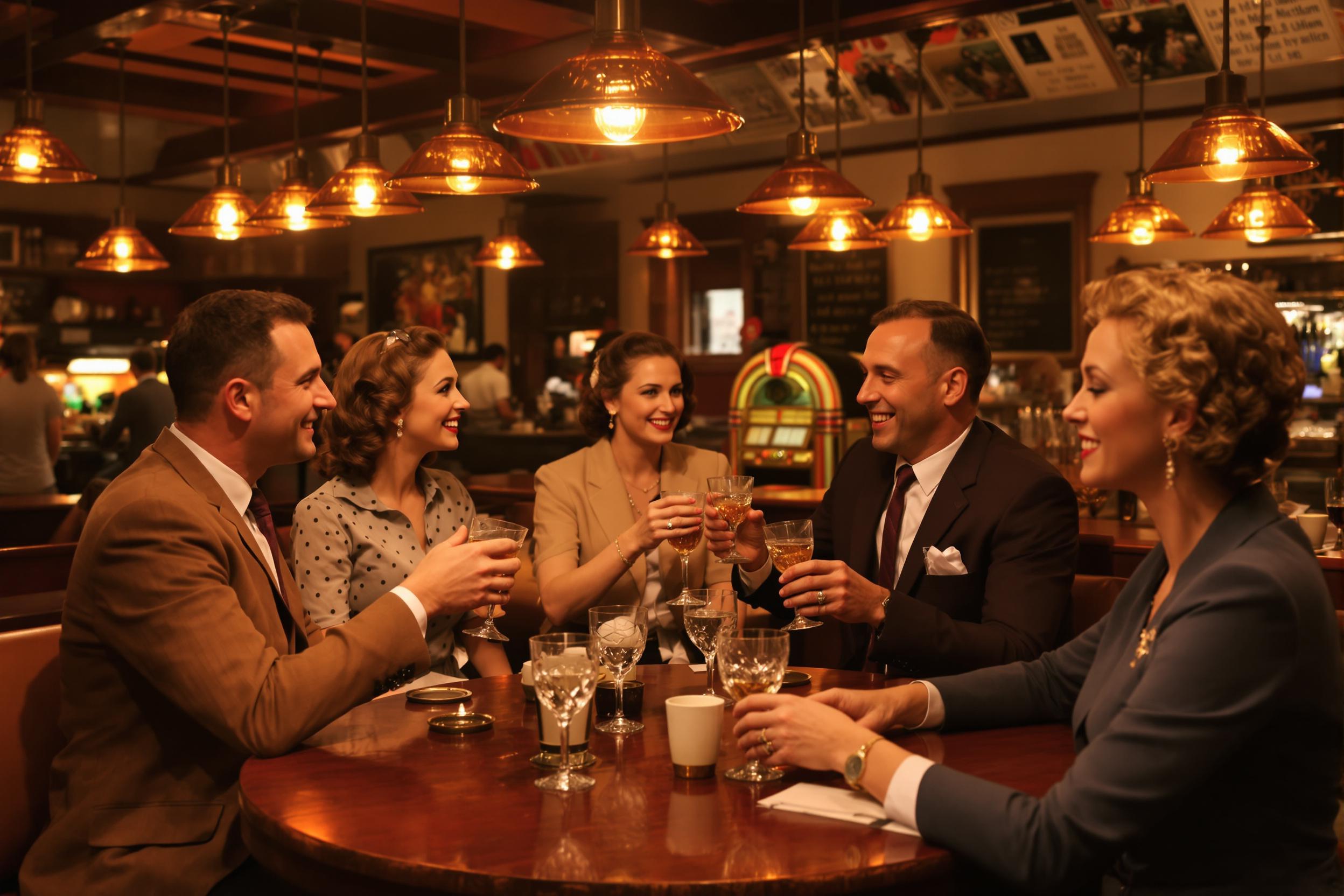 Cozy 1940s Bar Atmosphere with Vibrant Community