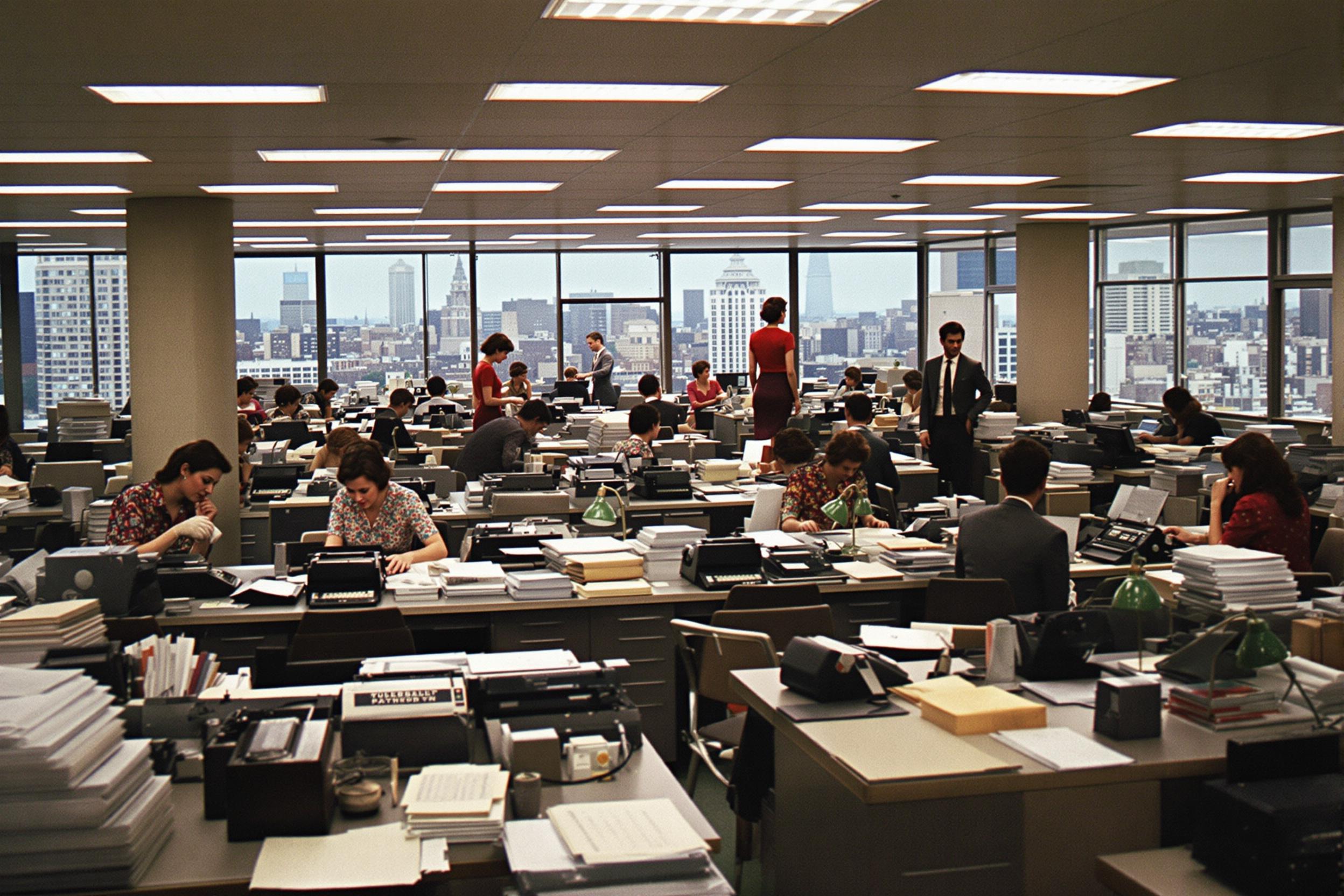 A vibrant 1960s office hums with activity under fluorescent lights. Rows of metal desks hold manual typewriters, piles of documents, and rotary phones. Women in pressed pencil skirts and men in slim suits navigate the workspace. A secretary stops to take shorthand dictation by a window overlooking a bustling cityscape. Period details like stack calendars and green banker’s lamps complete this honest portrayal.