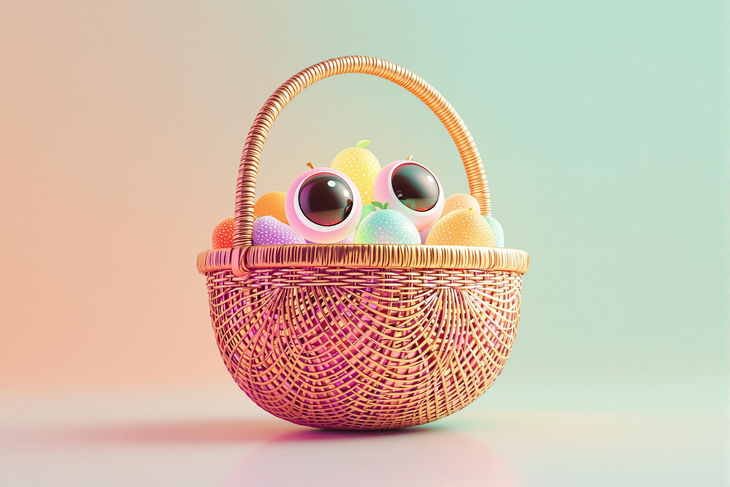Anthropomorphic Woven Basket with Glowing Fruits
