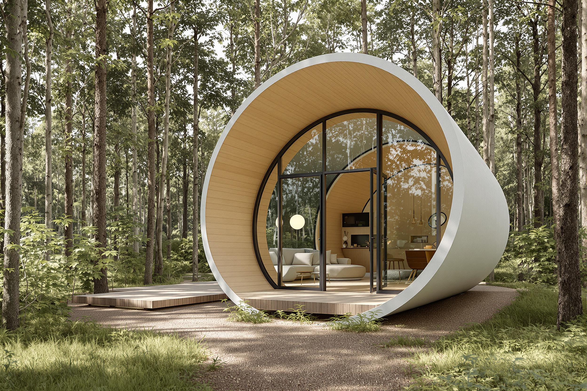 Sustainable 3D-Printed Tiny House in Forest Clearing