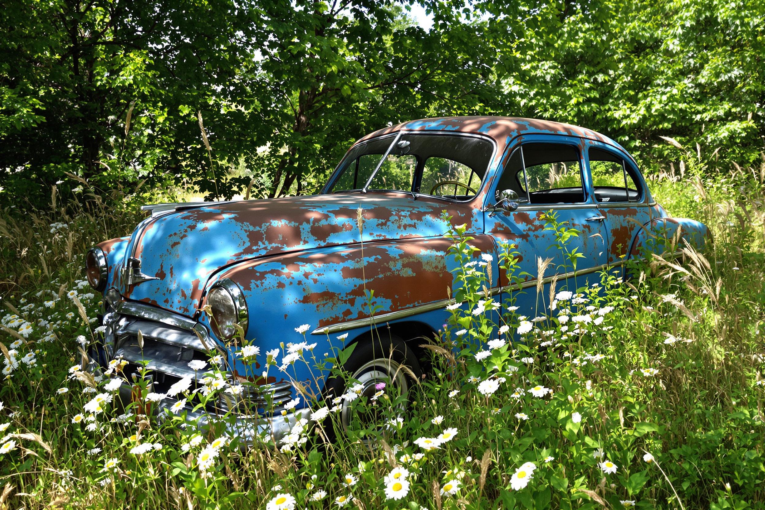 Abandoned Vintage Car Surrounded by Wildflowers