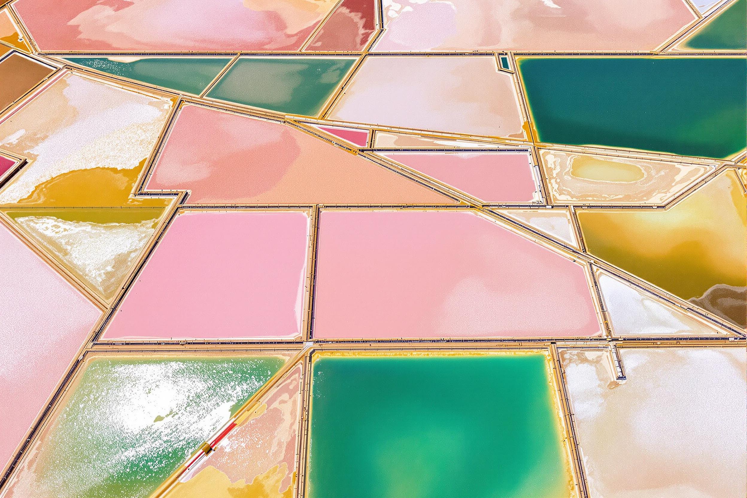 Aerial View of Colorful Geometric Salt Ponds