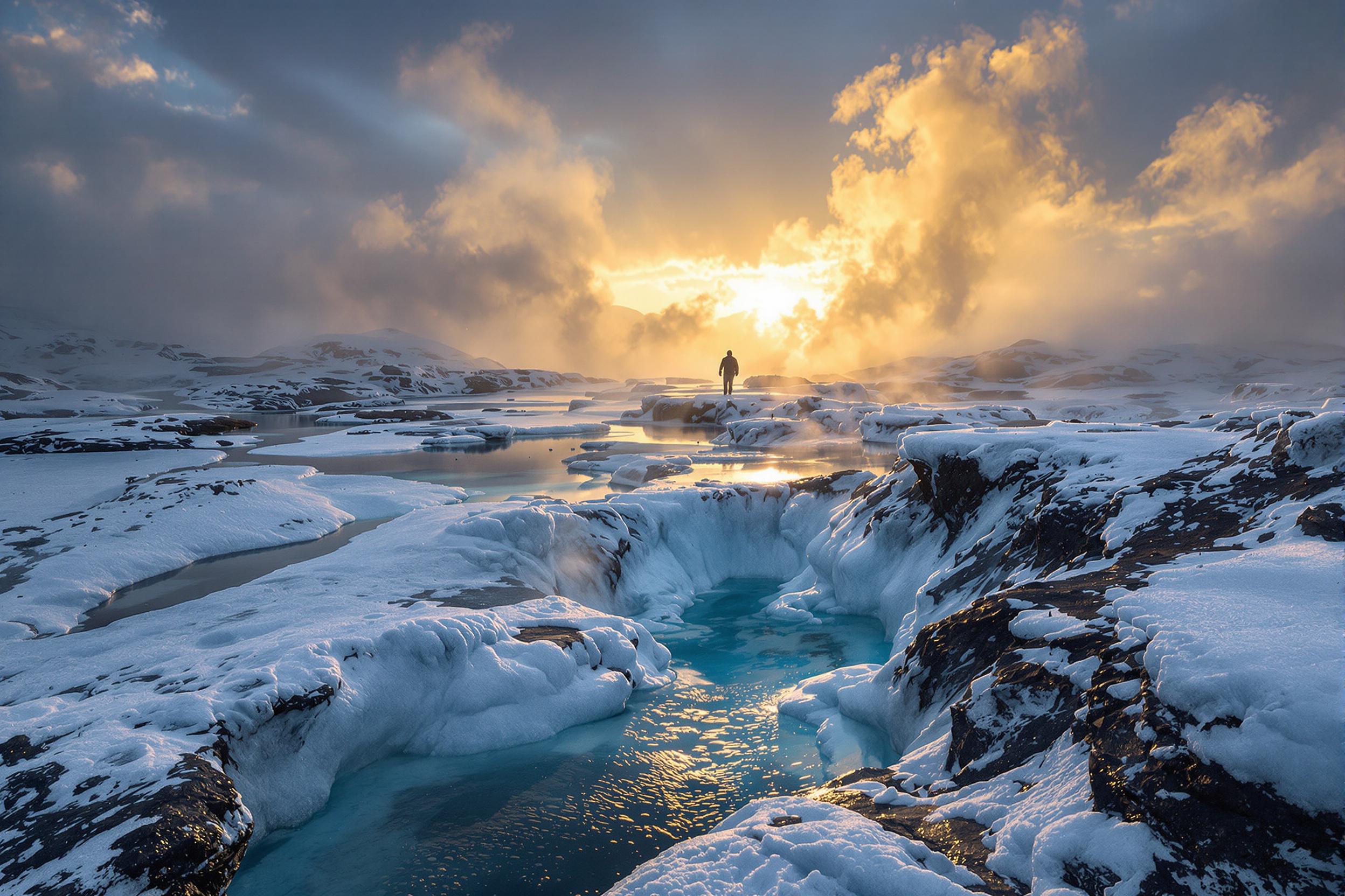 Lone Adventurer in a Geothermal Ice Valley