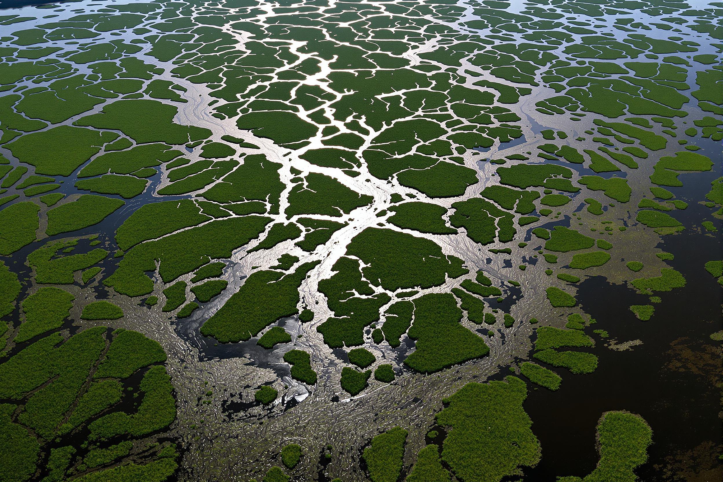 Aerial View of River Delta's Intricate Patterns