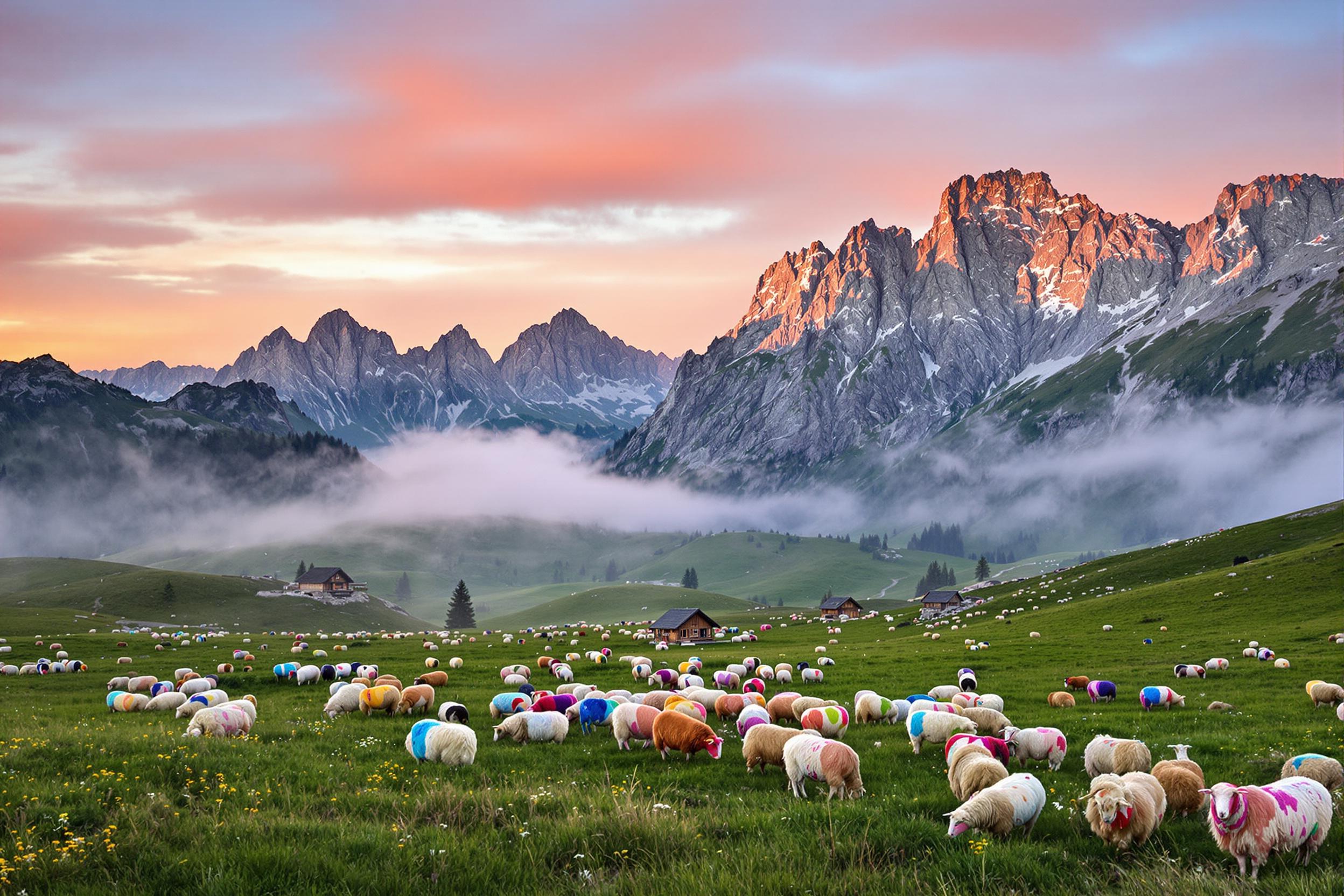 Colorful Sheep Grazing in Dawn-Lit Alpine Meadow