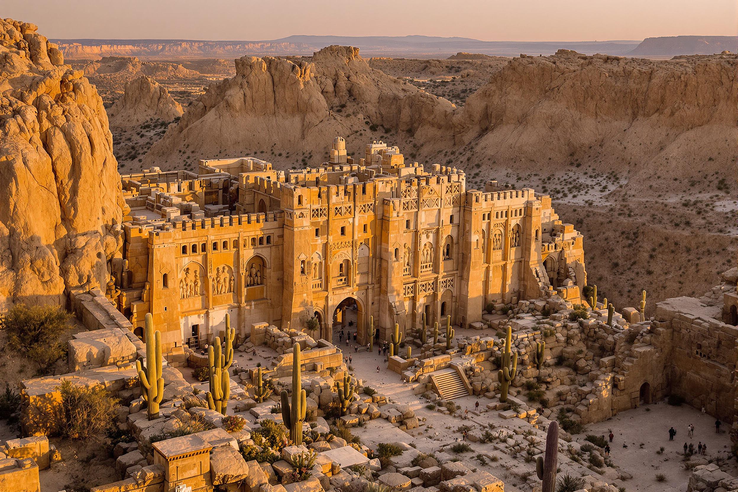 Panoramic View of Desert Fortress Ruins at Golden Hour