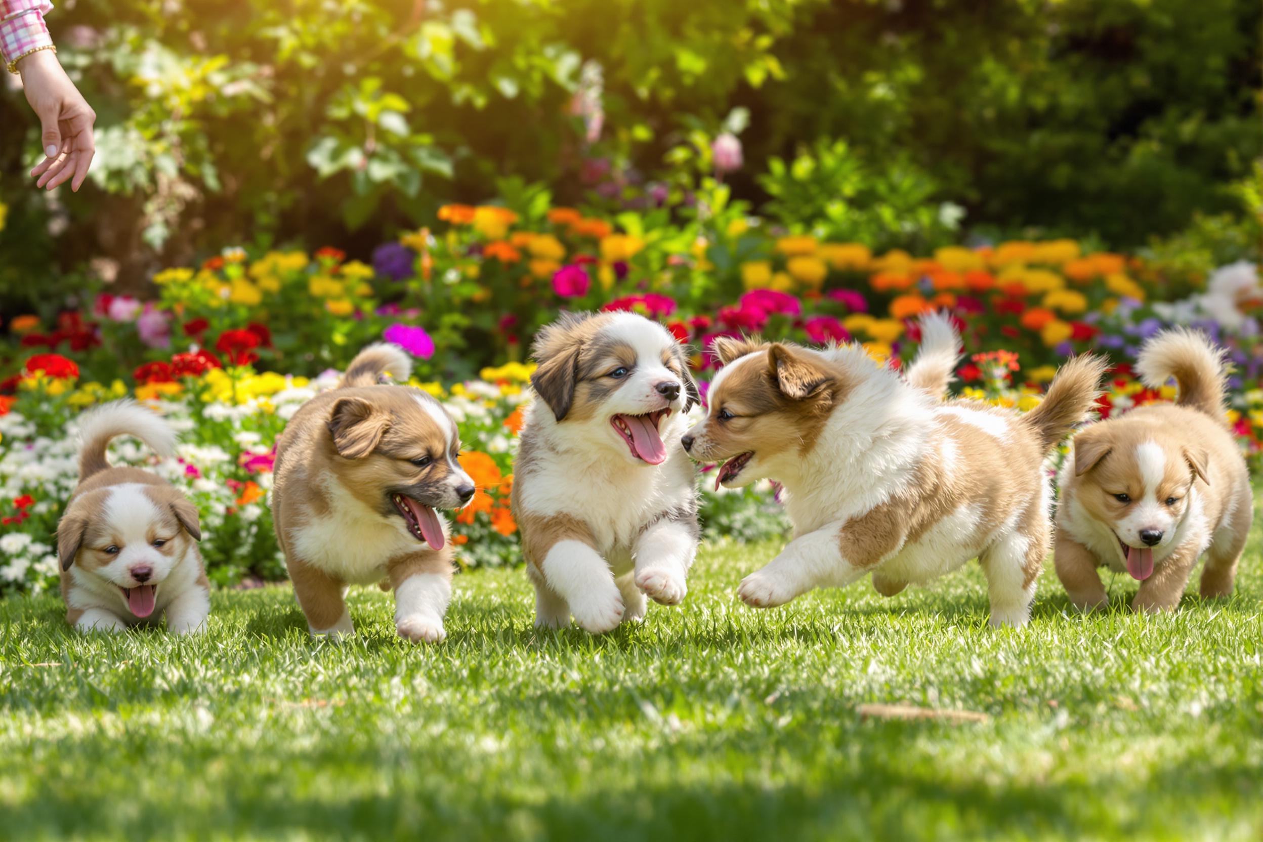 Adorable Puppies Playing in a Sunny Garden