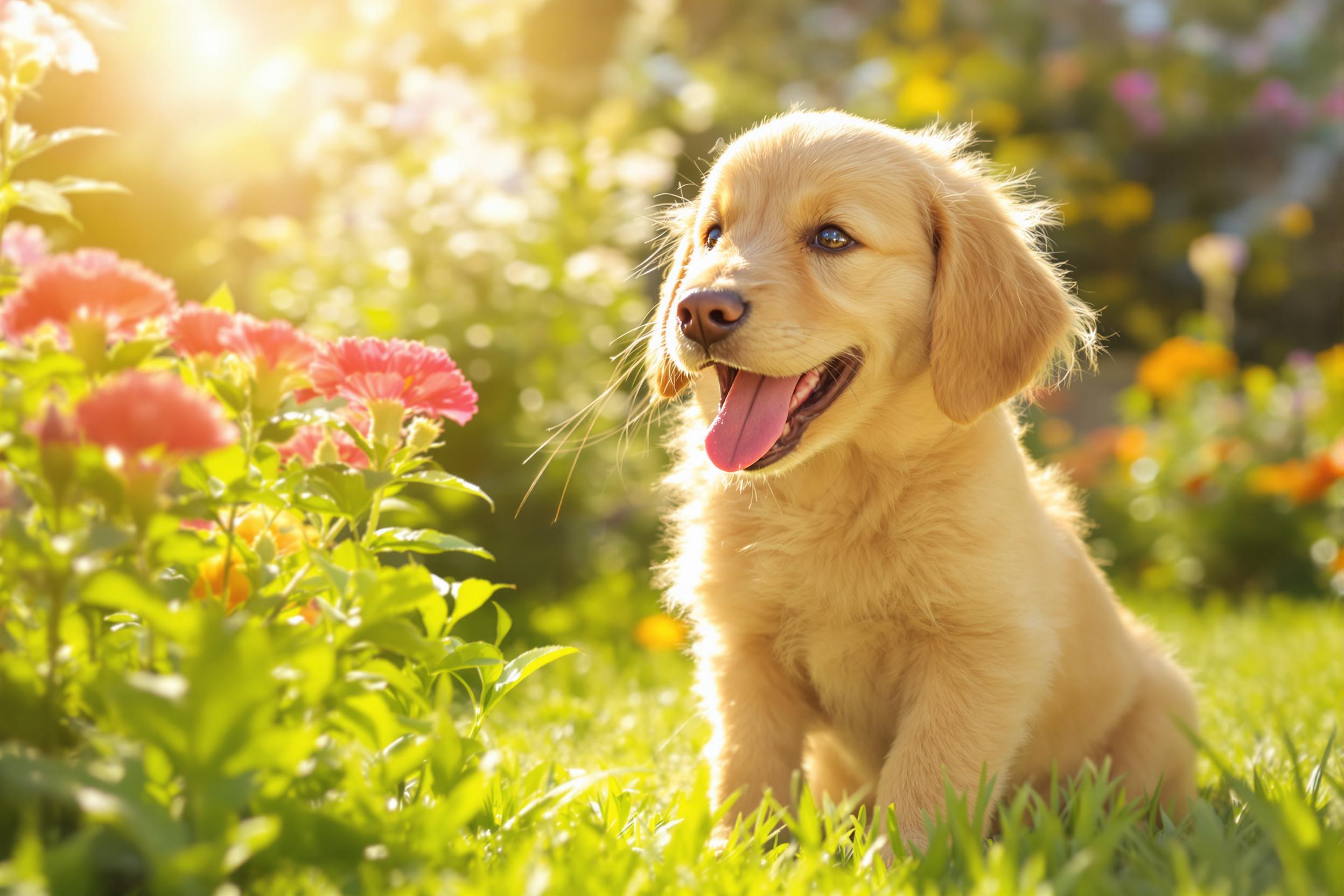 Playful Golden Retriever Puppy in a Sunlit Garden