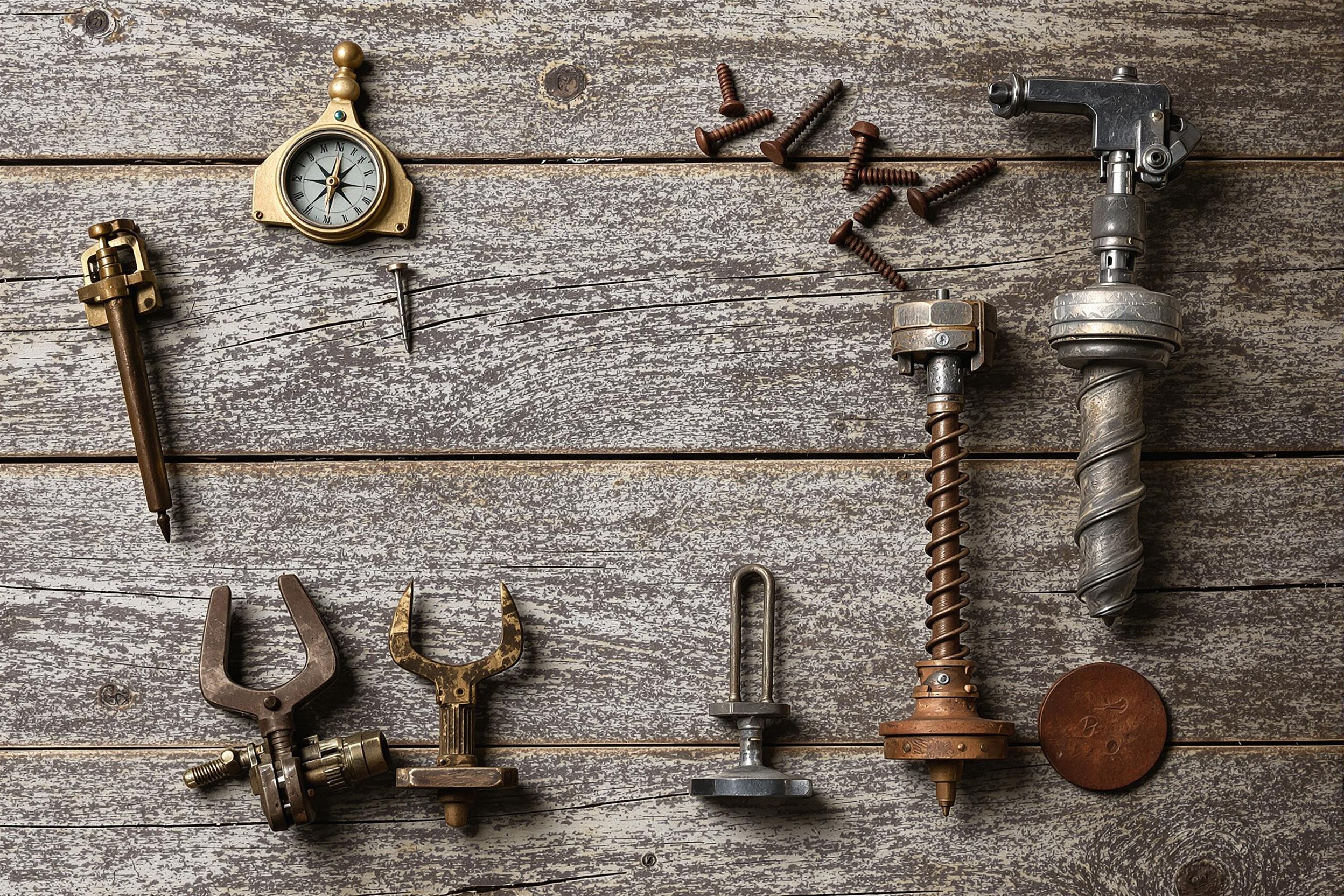 Still Life of Antique Tools on Rustic Wooden Table