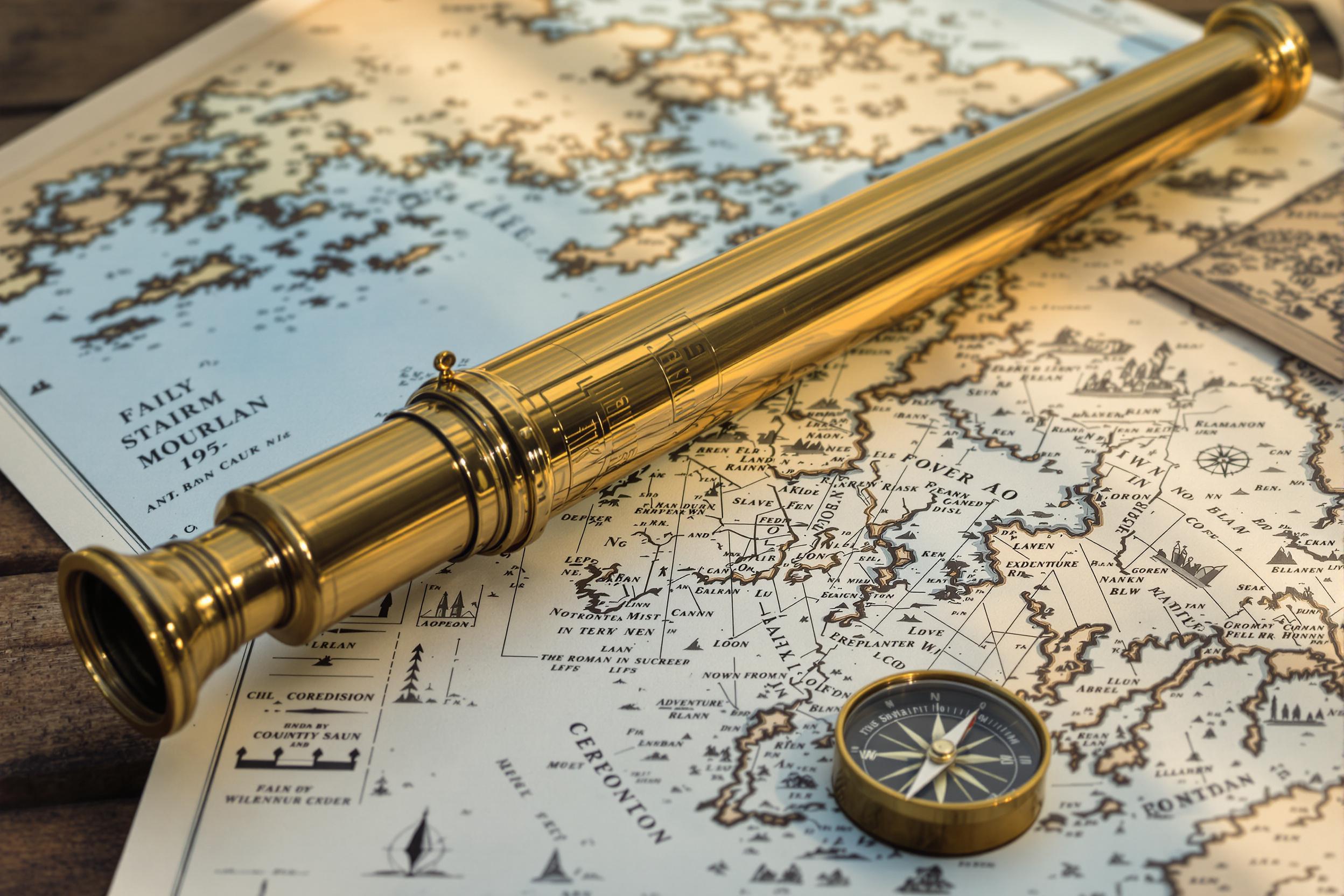 Antique Brass Telescope on a Rustic Table with Nautical Maps