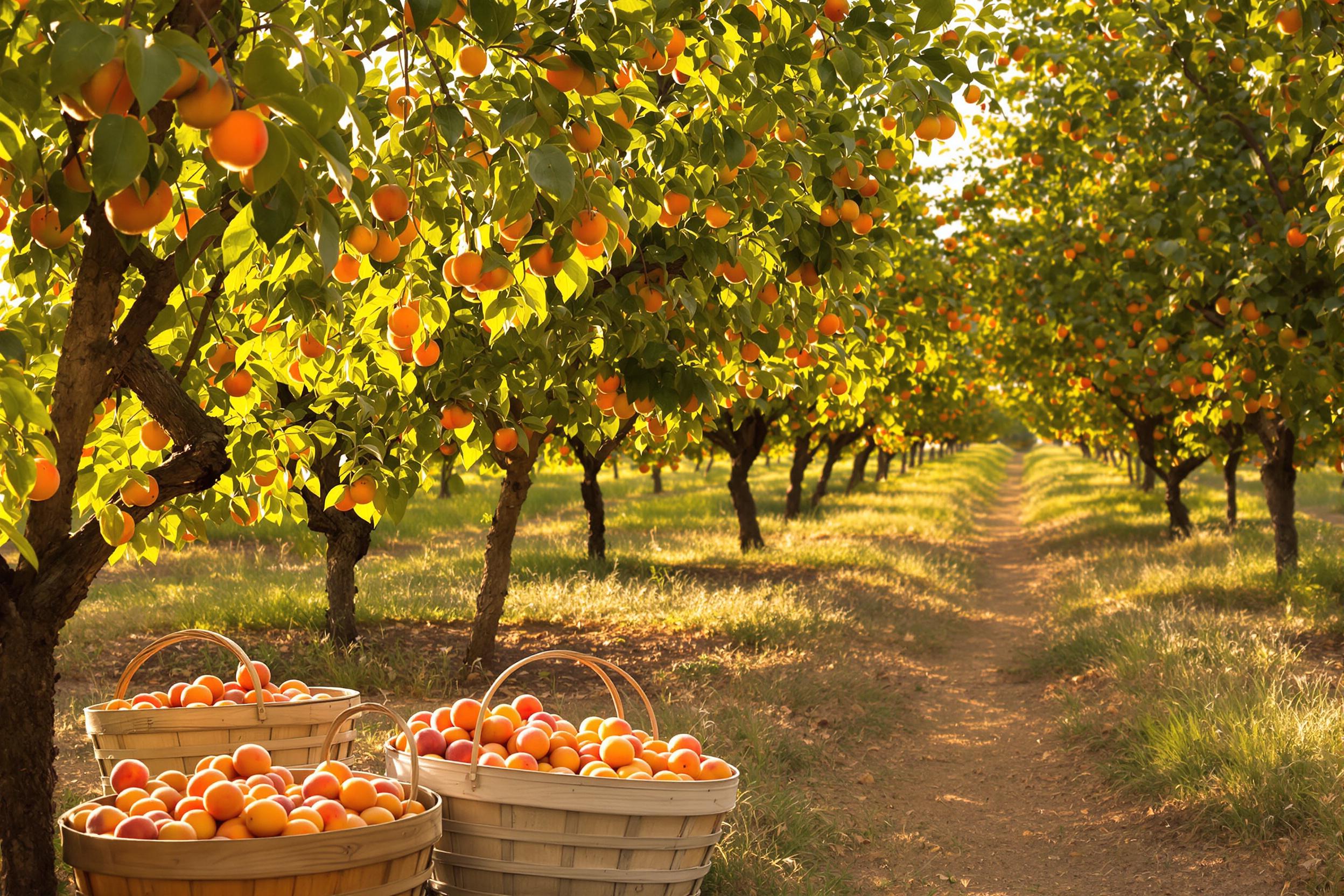 Golden hour in an apricot orchard