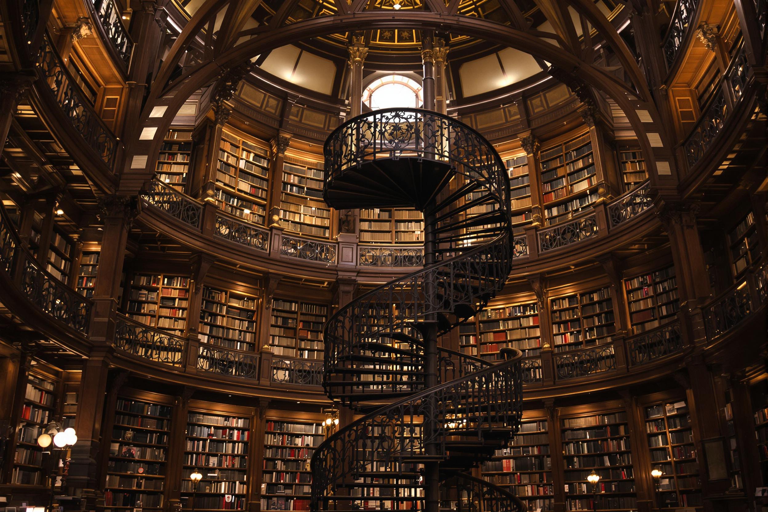 Historic Library Interior with Spiral Staircase