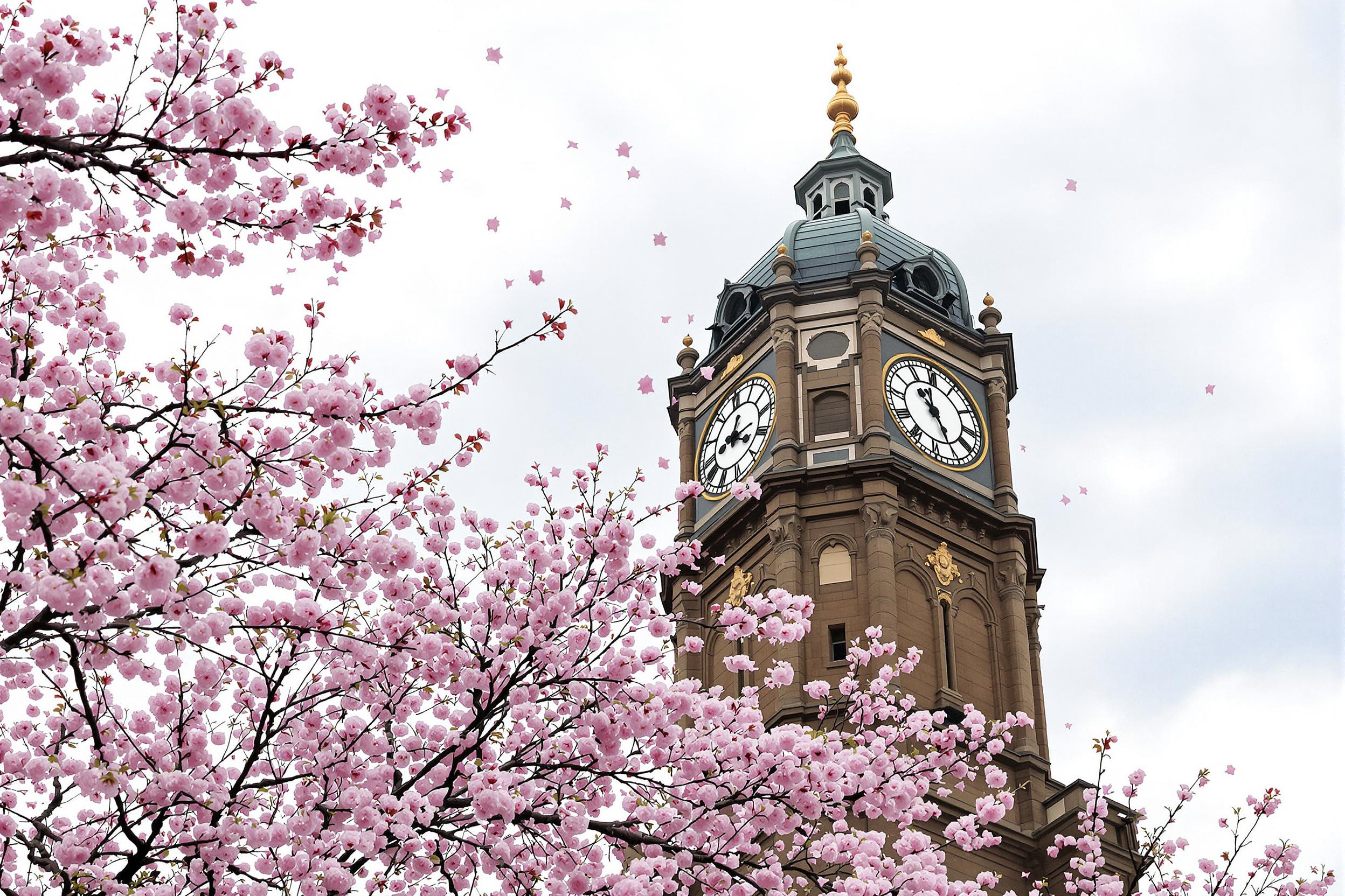 Antique Clocktower Surrounded by Cherry Blossoms