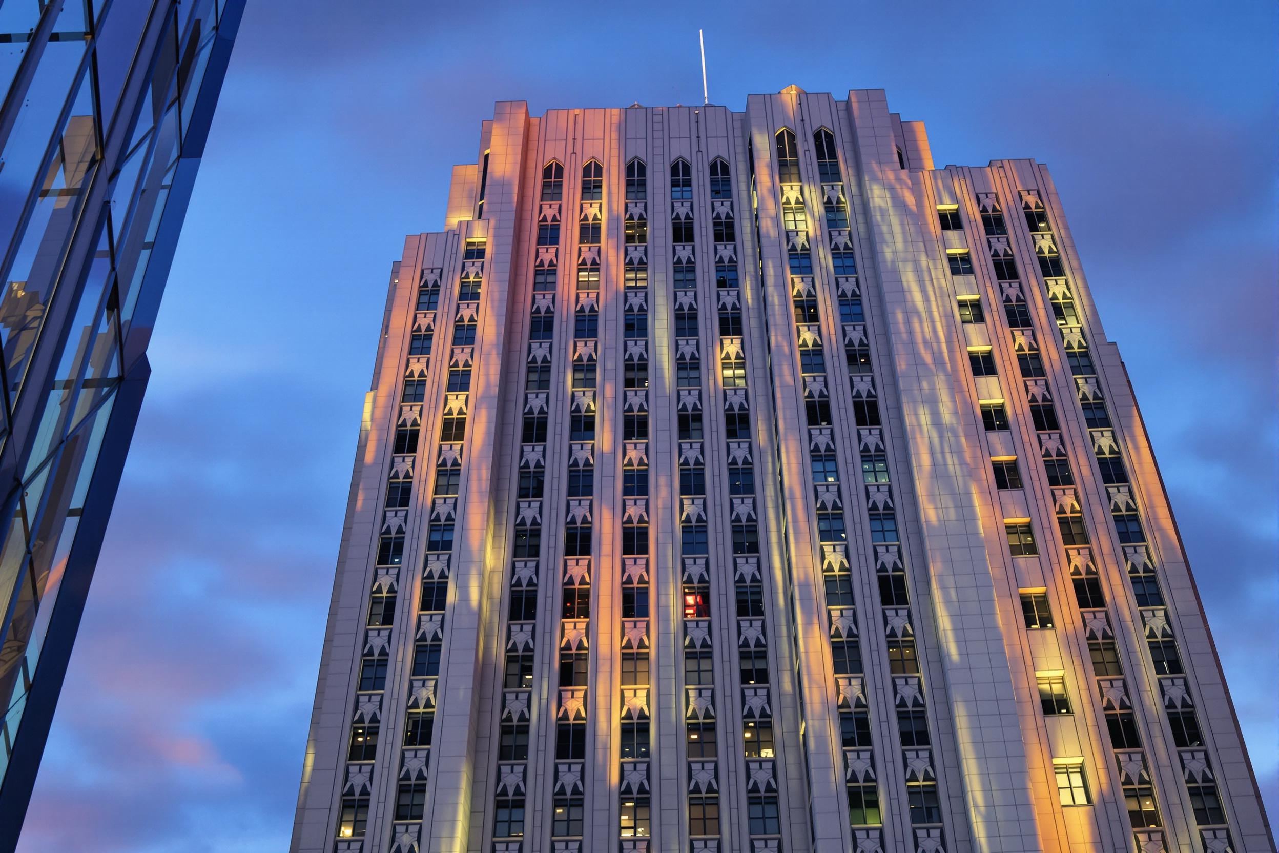 Geometric Shadows: Art Deco Skyscraper at Twilight