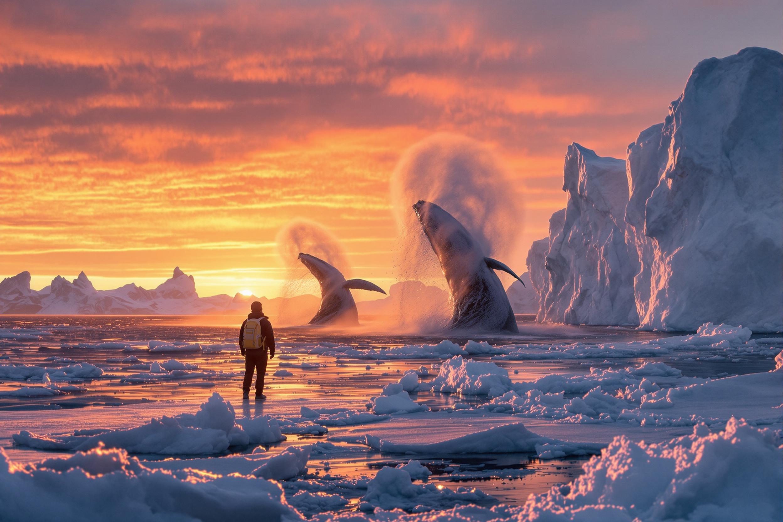 Humpback Whale Breach at Arctic Sunset with Lone Adventurer