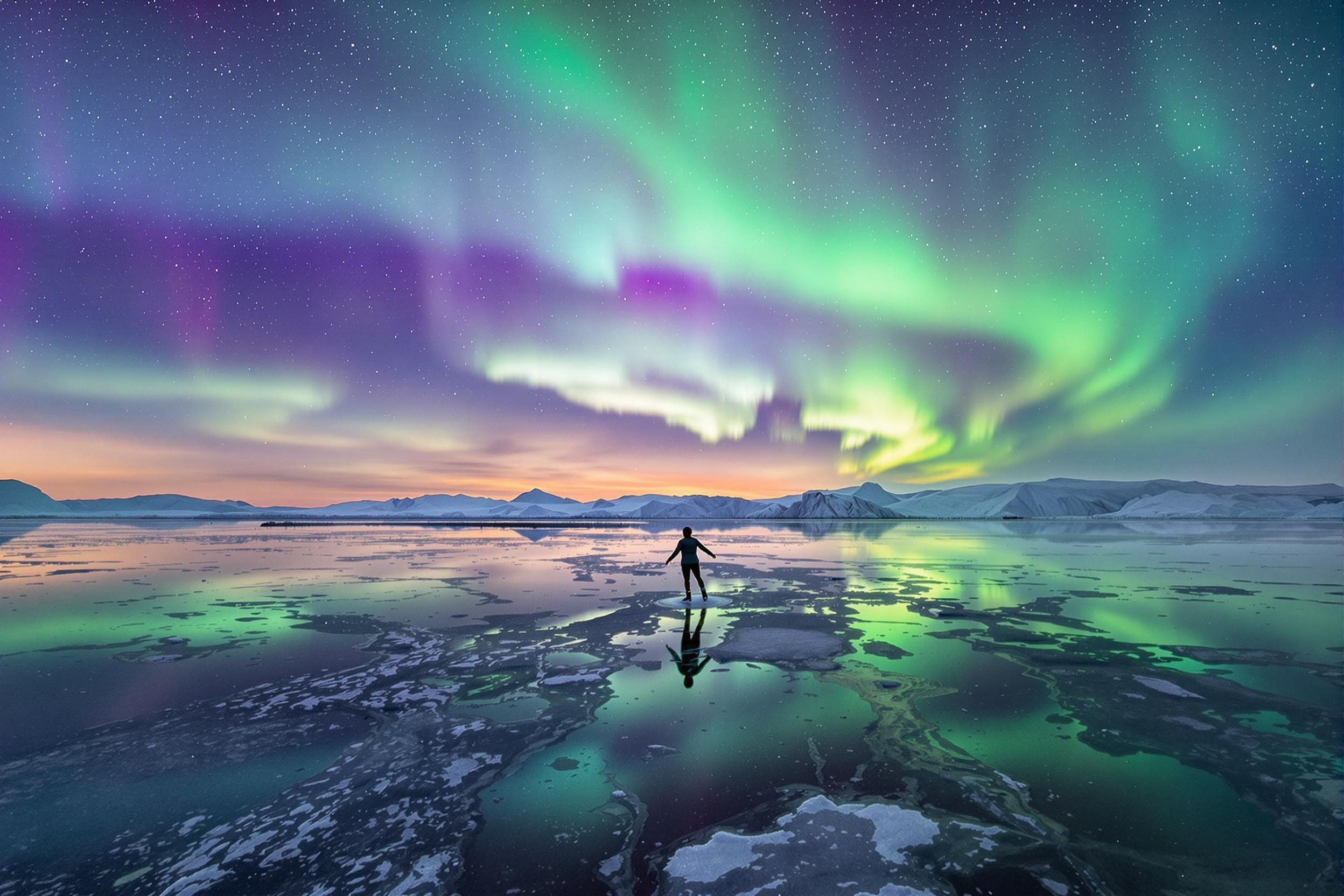 Graceful Skater Under Ethereal Arctic Auroras