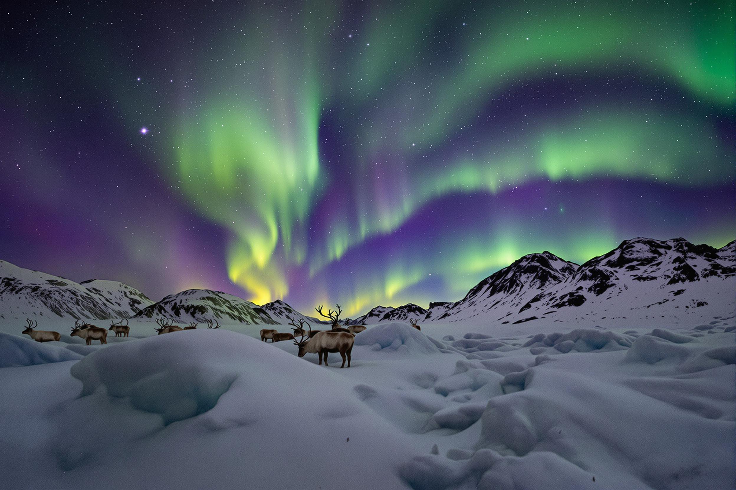 Reindeer Grazing Under Northern Lights