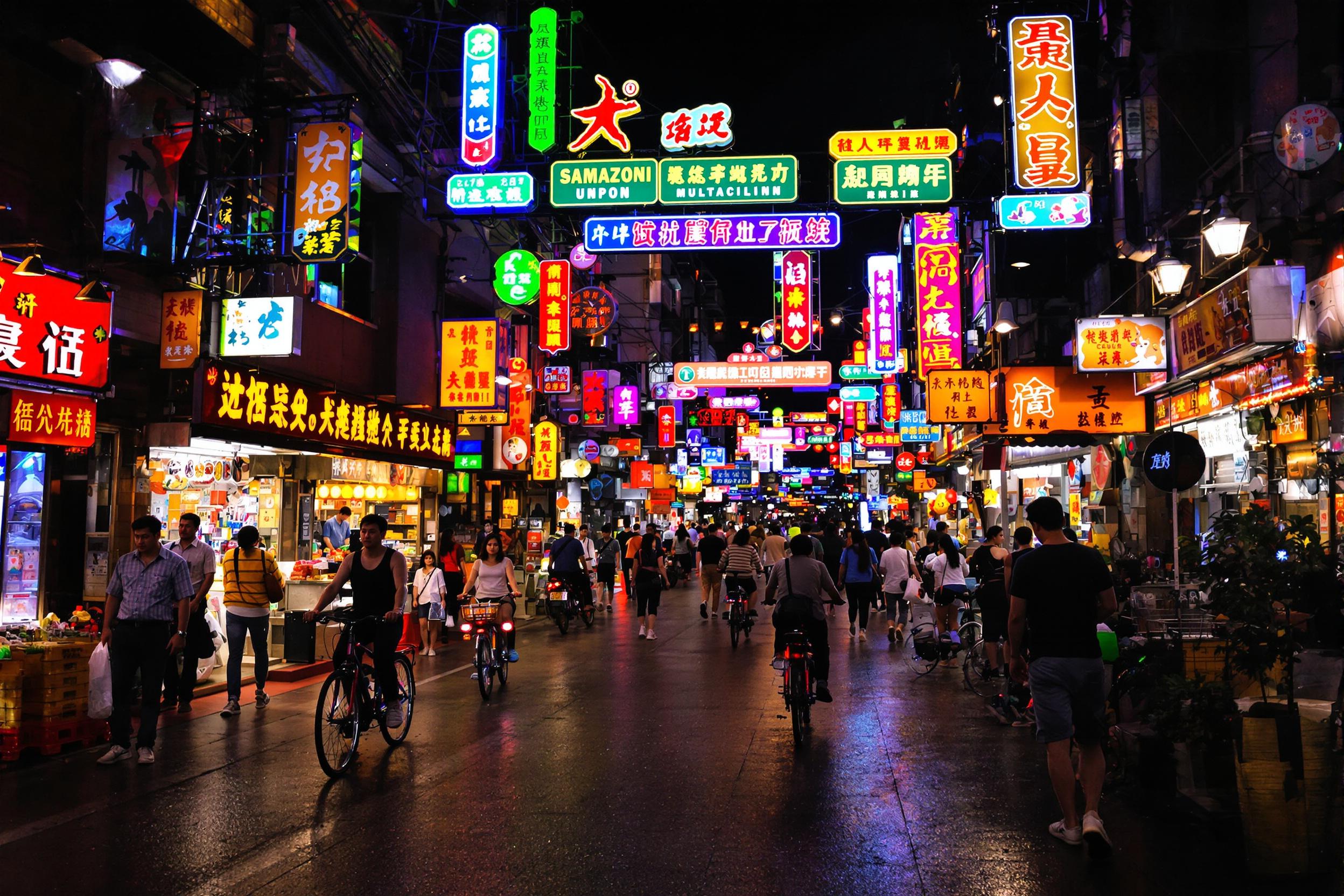 Bustling Asian Street in Neon Glow