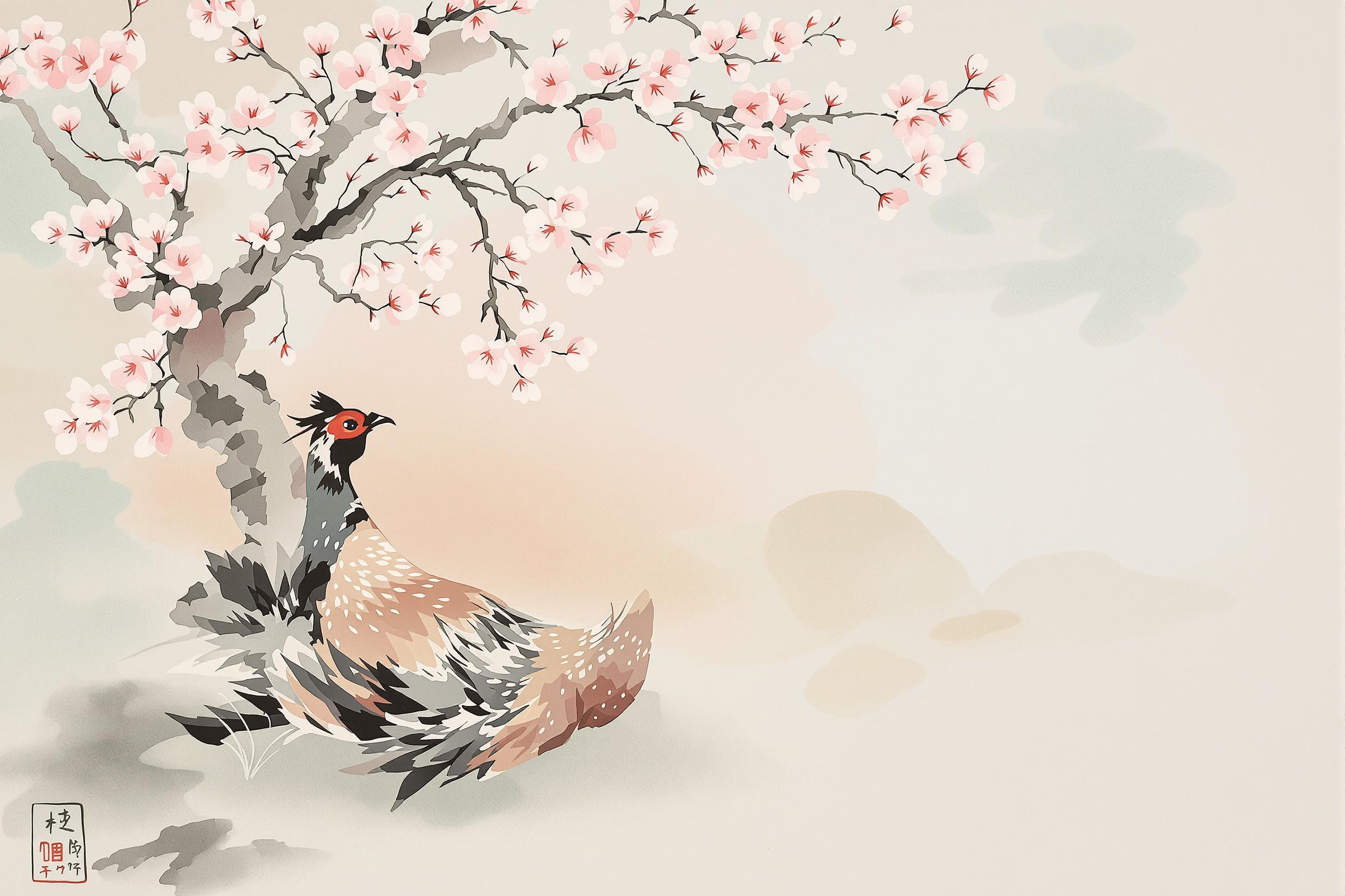 Pheasant Under Plum Blossoms in Spring Harmony