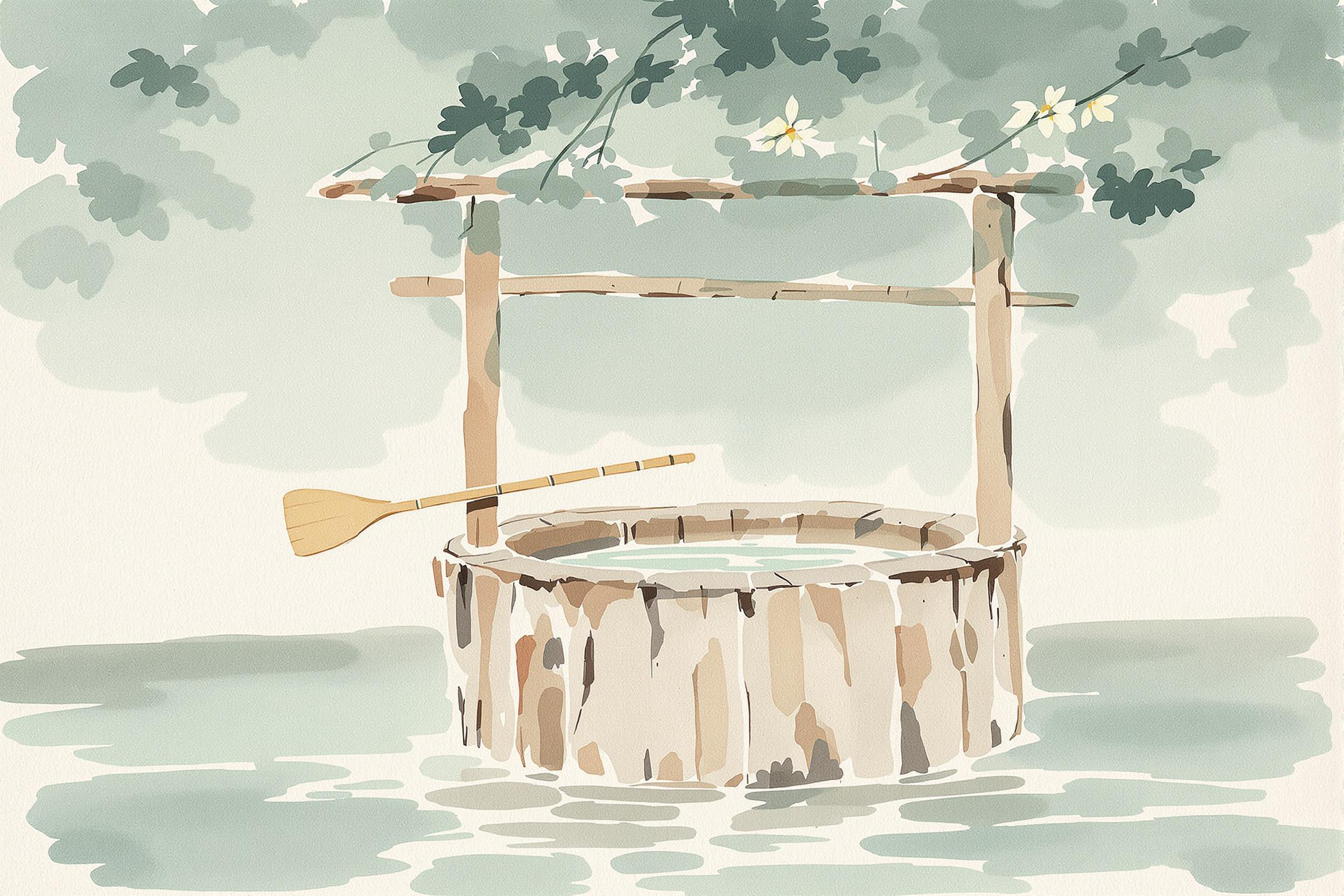 Rustic Well with Bamboo Ladle in Watercolor