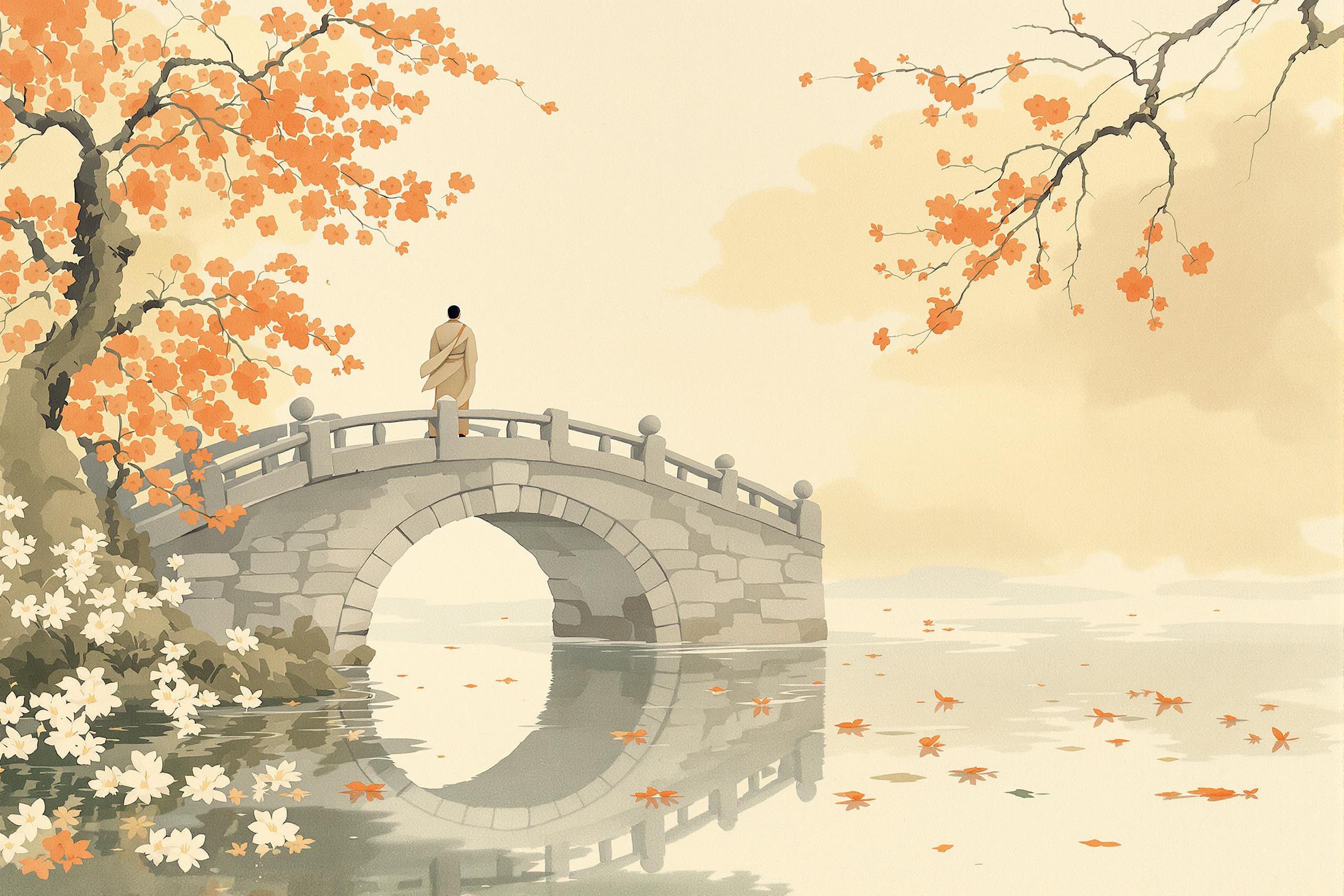 Monk on Stone Bridge Over Tranquil Koi Pond