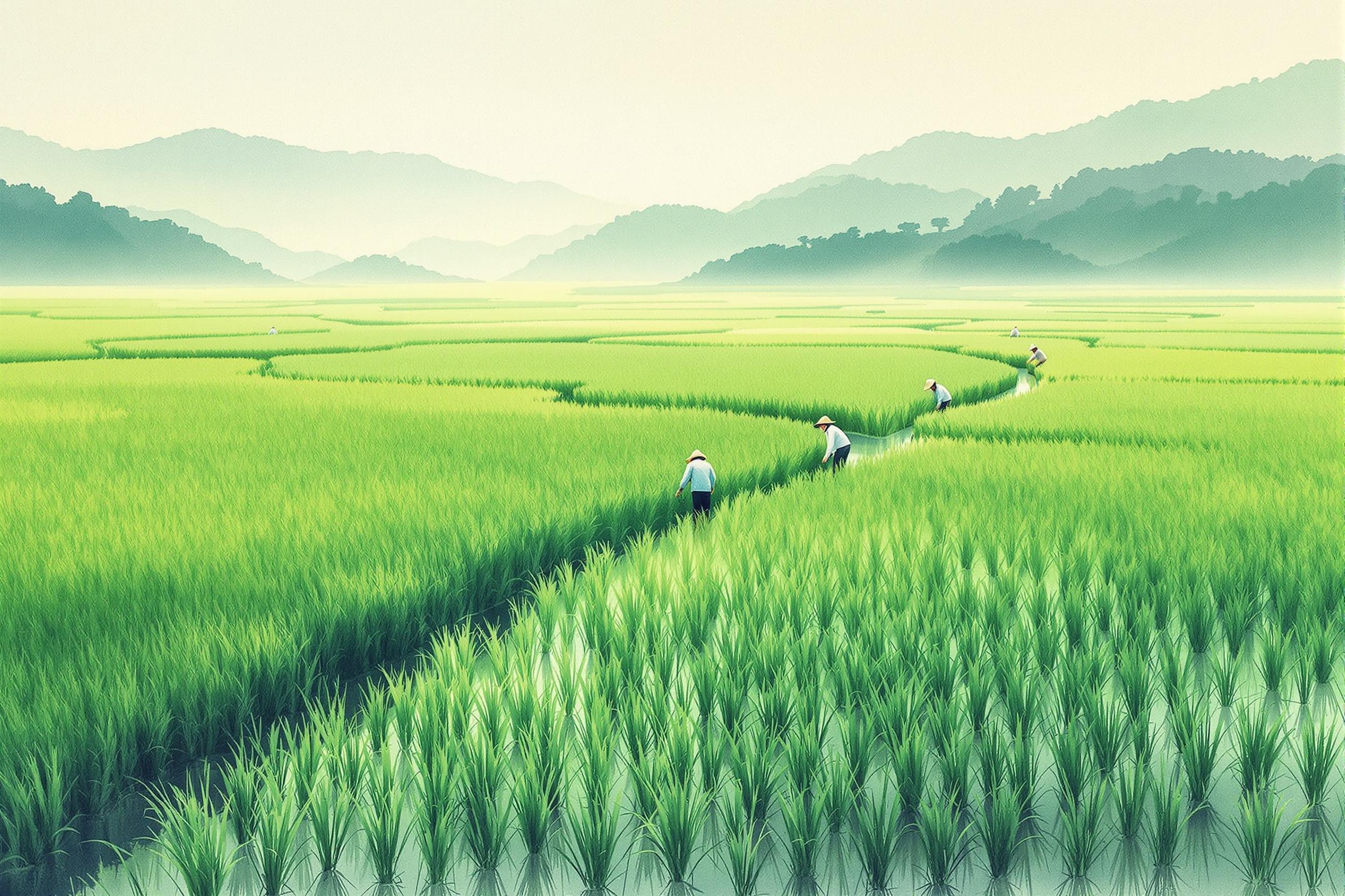 Synchronized Grace: Farmers Planting Rice Under Morning Light