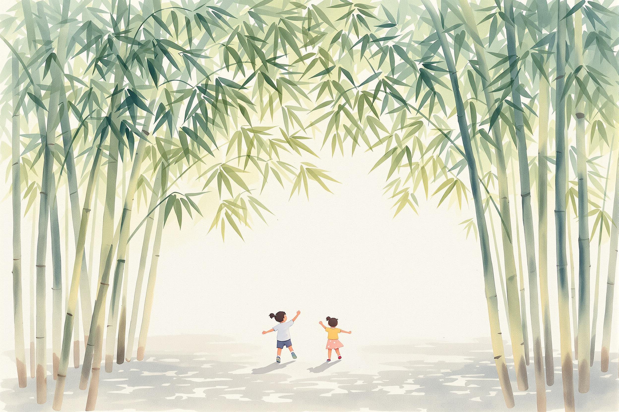 Children Playing Among Bamboo Stalks in Summer