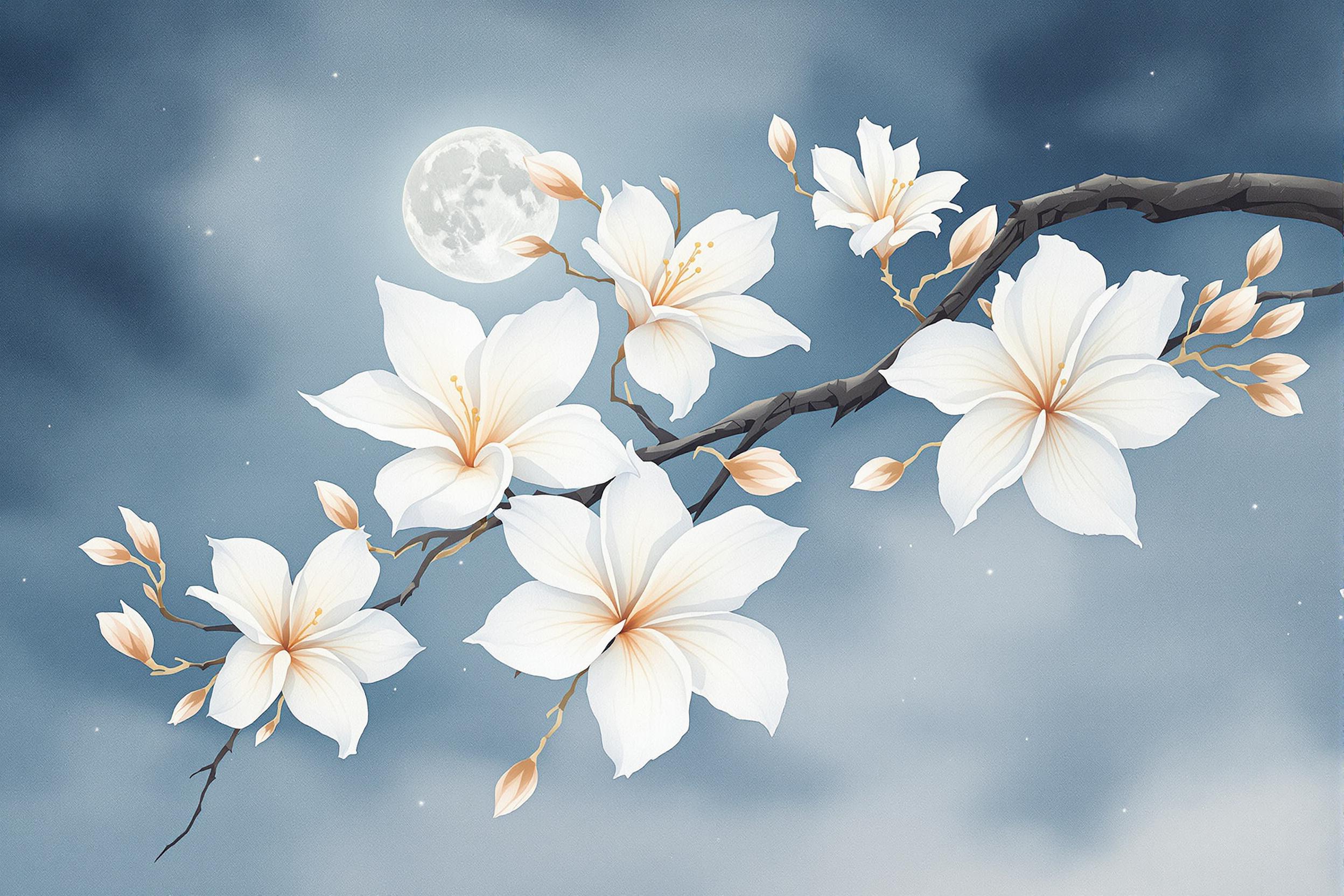 Moonlit Plumerias Against Indigo Sky