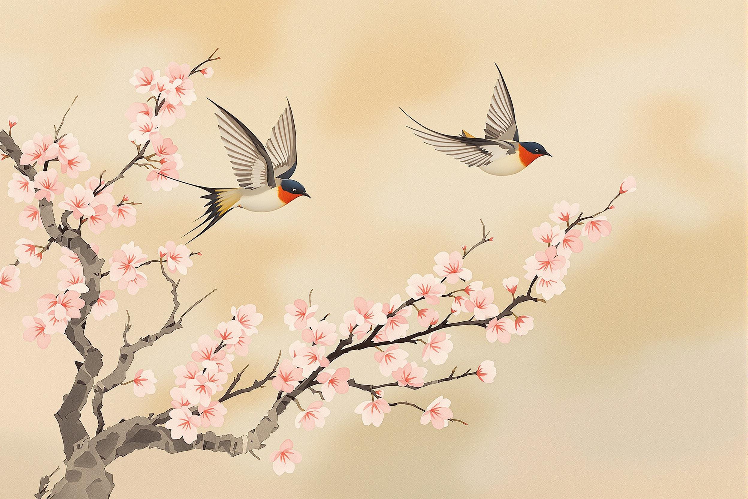 Swallows Dance Around Blossoms at Spring Dawn