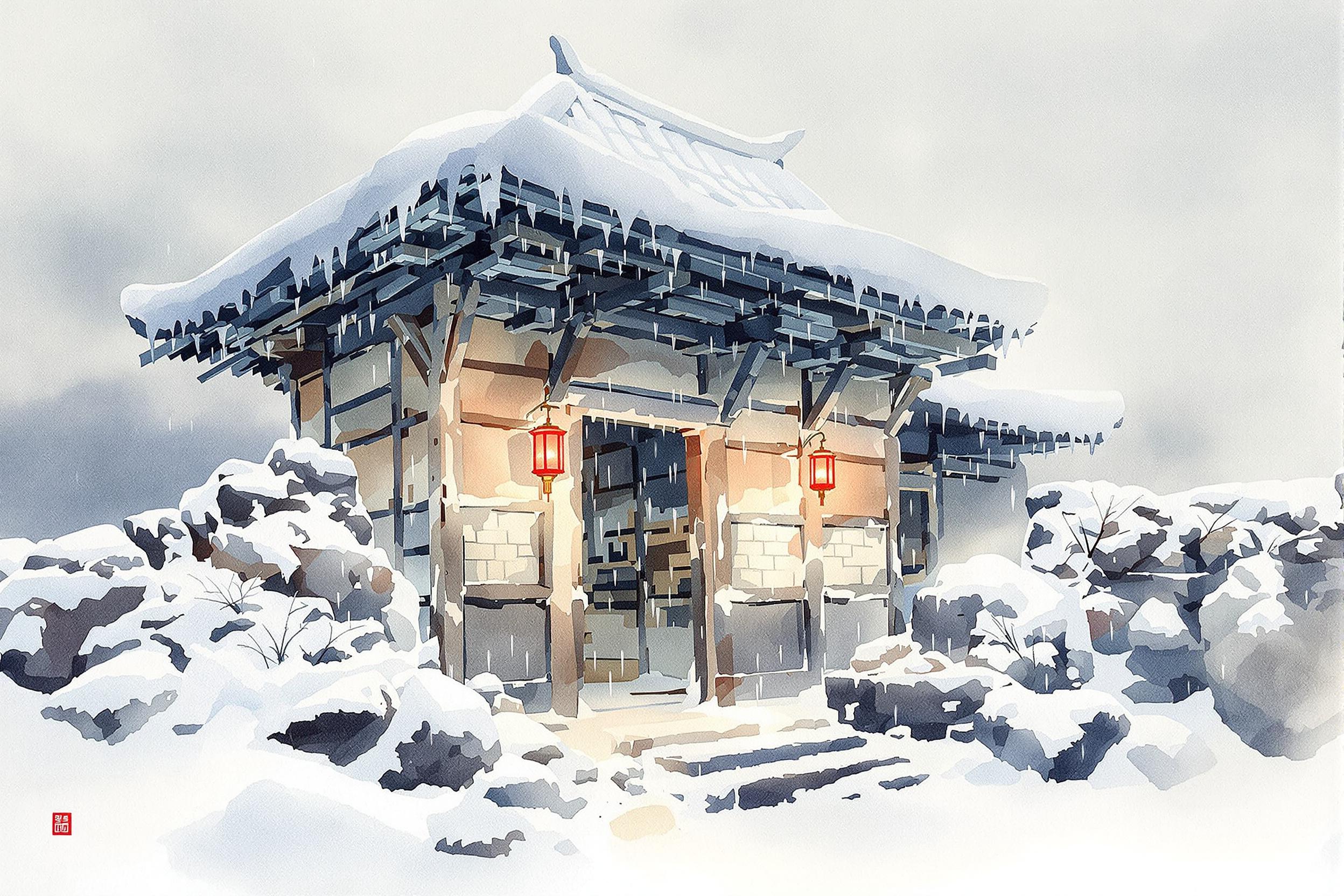 Winter Grain Hut Under Soft Snowfall