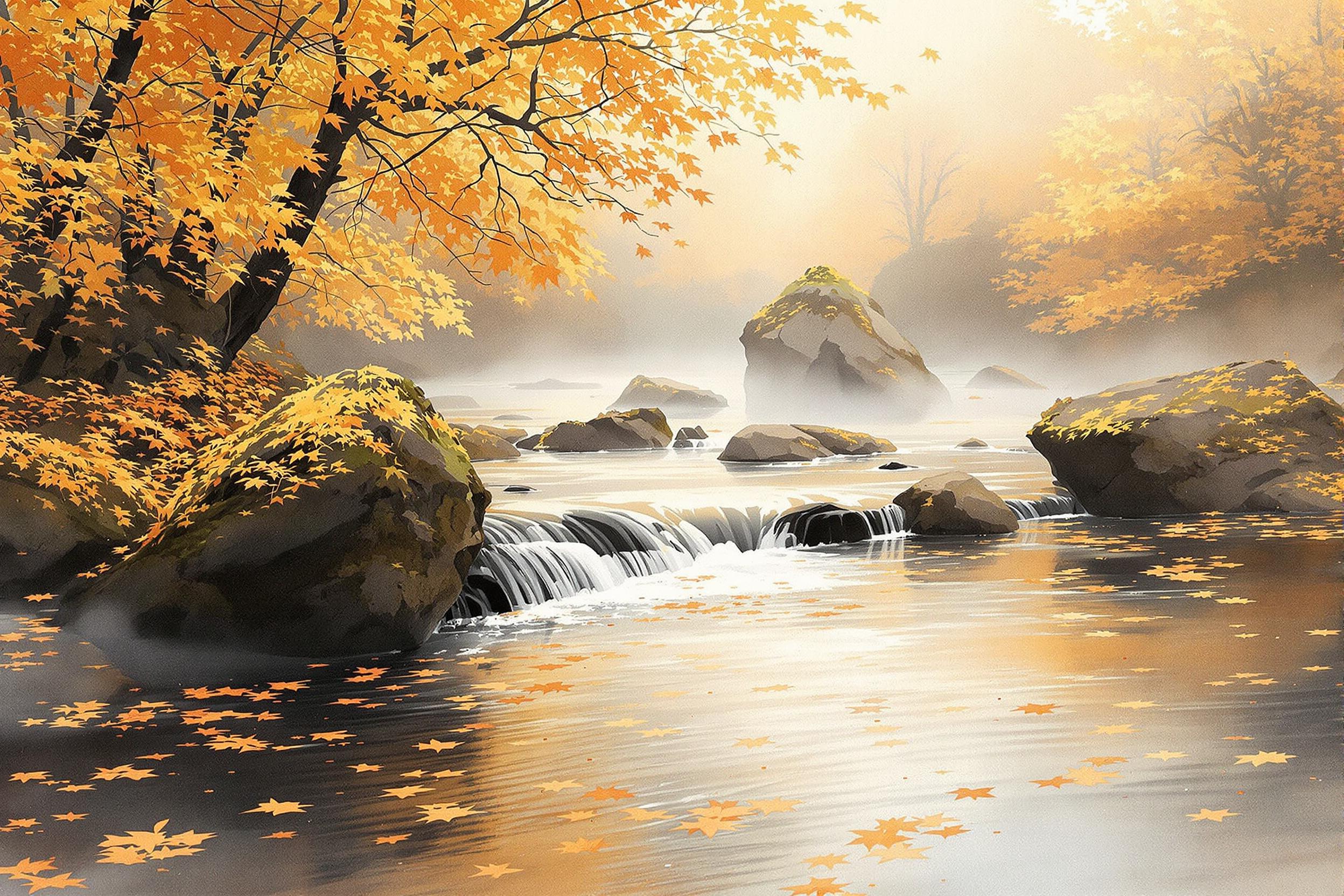 Misty Autumn River with Luminous Amber Leaves
