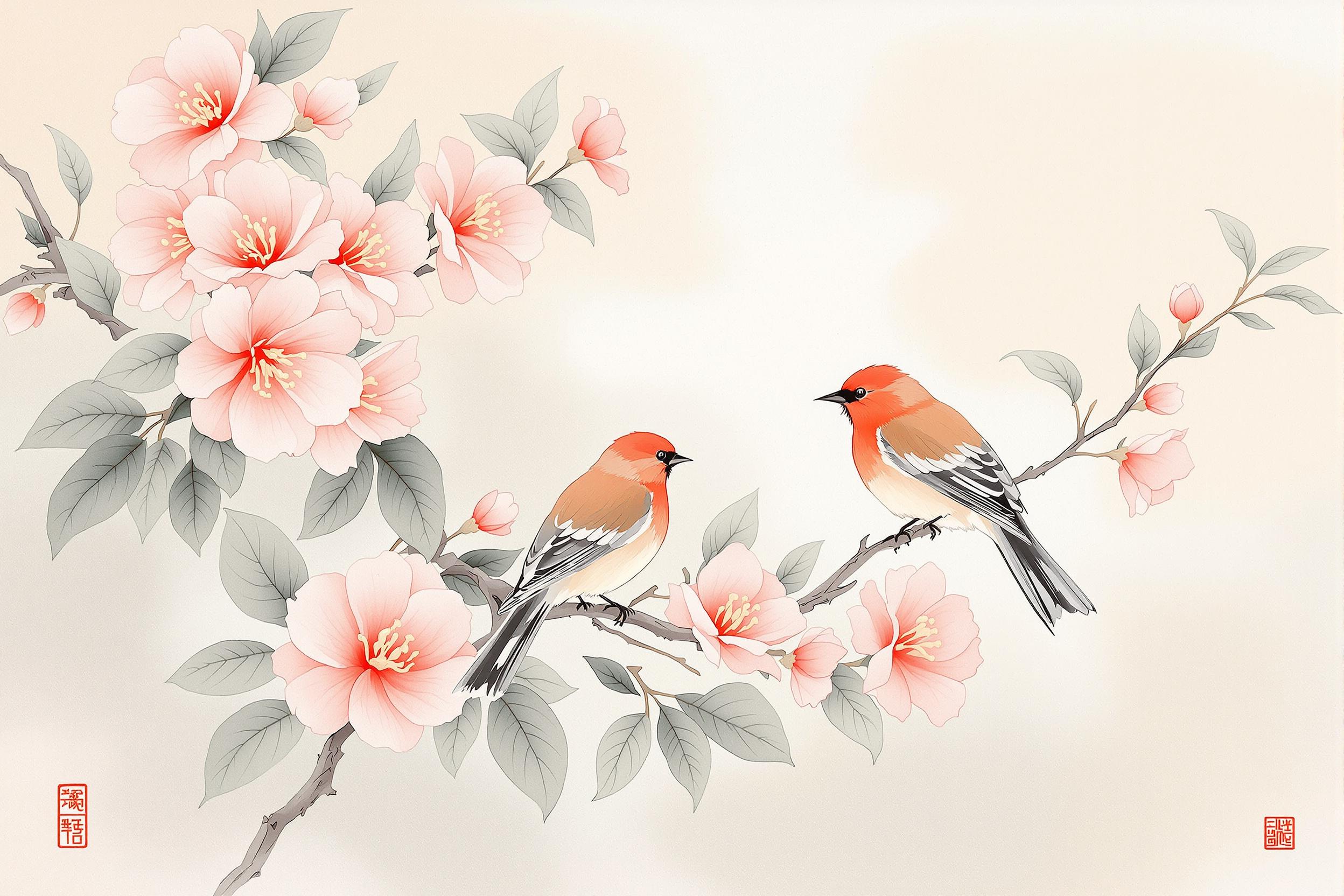 Songbirds Among Blooming Camellias in Morning Light