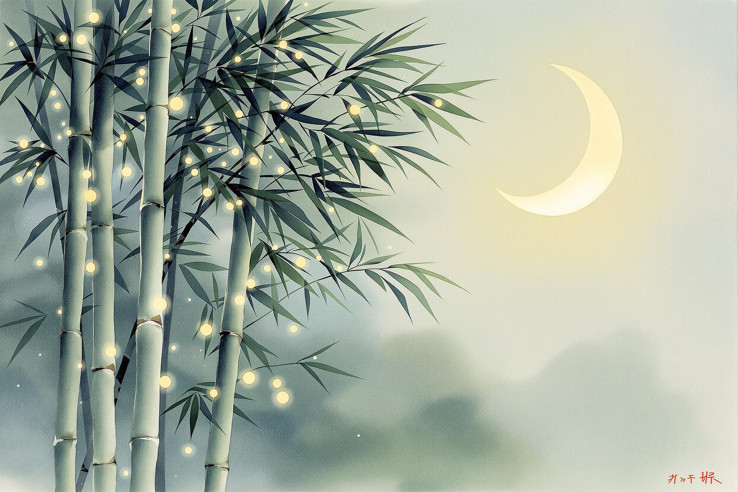 Serene Crescent Moonlit Bamboo Grove with Fireflies