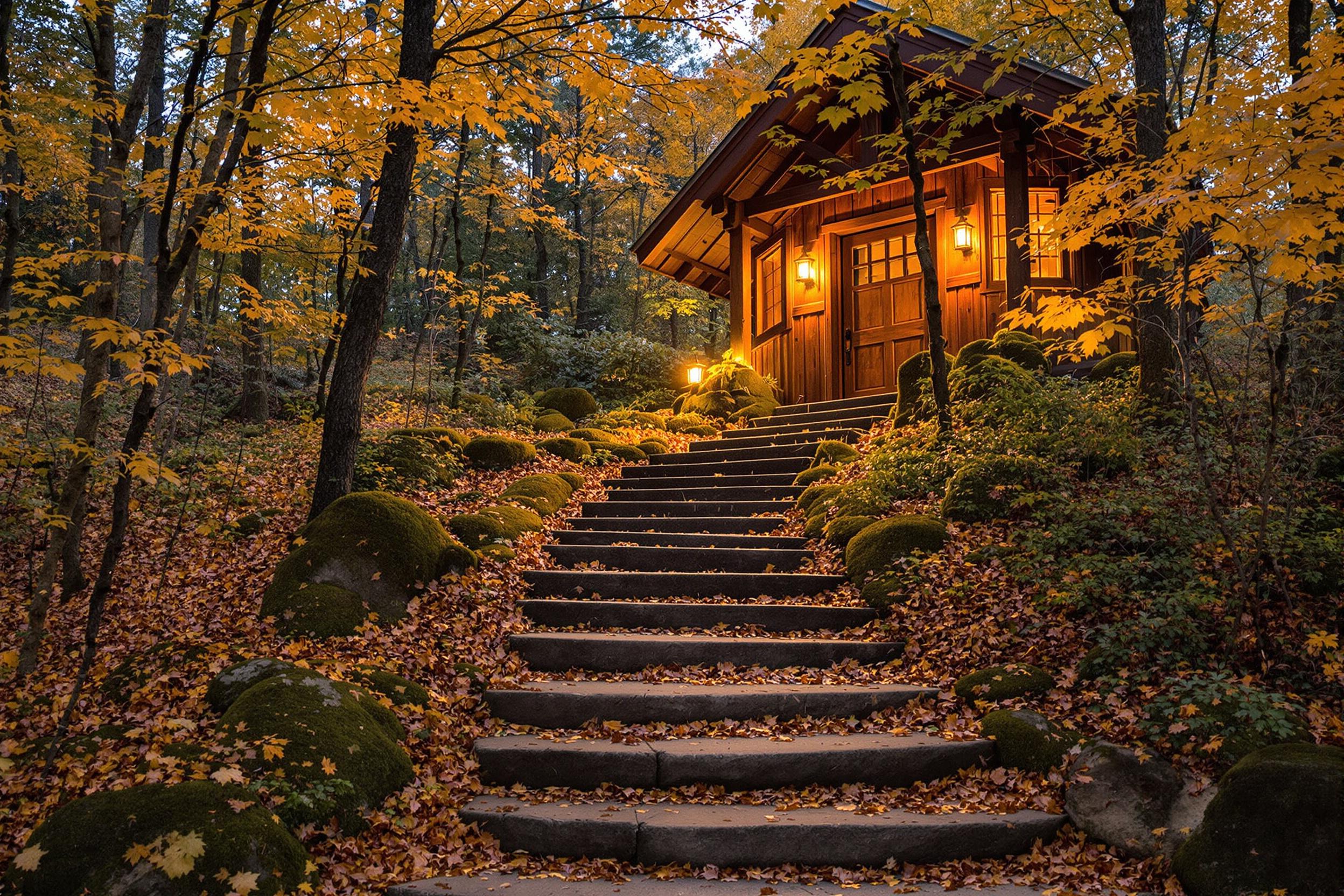 Autumn Pathway to Rustic Cabin Warmth