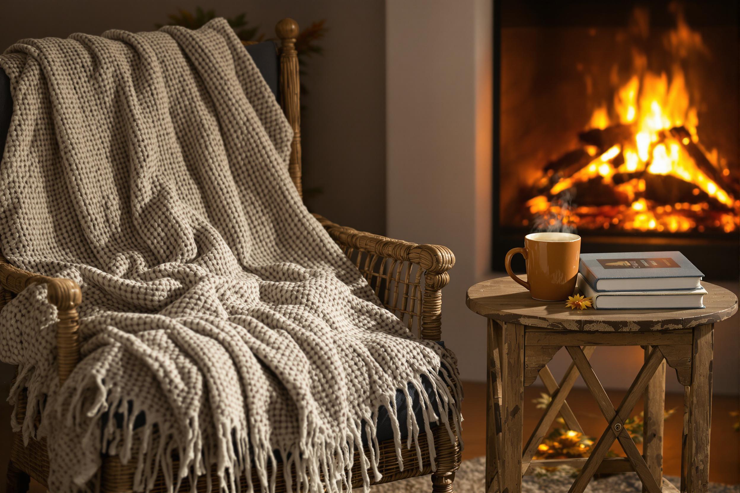 Cozy Autumn Fireplace with Wool Blanket and Cider