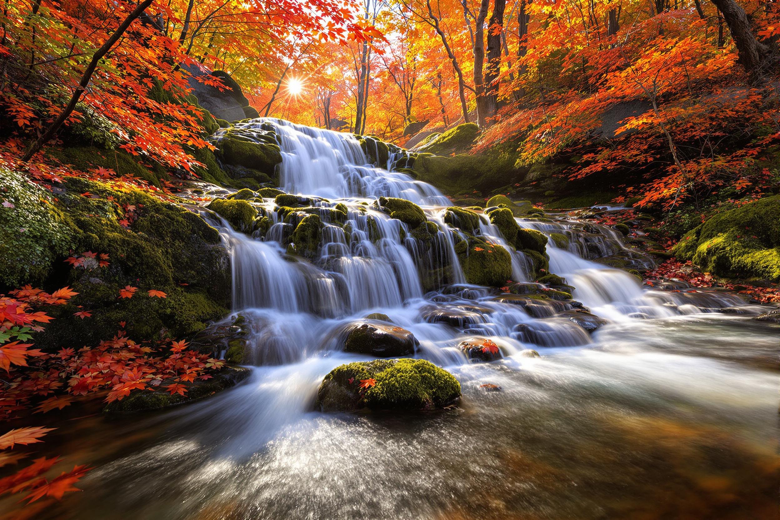 Autumn Waterfall Amid Fiery Foliage