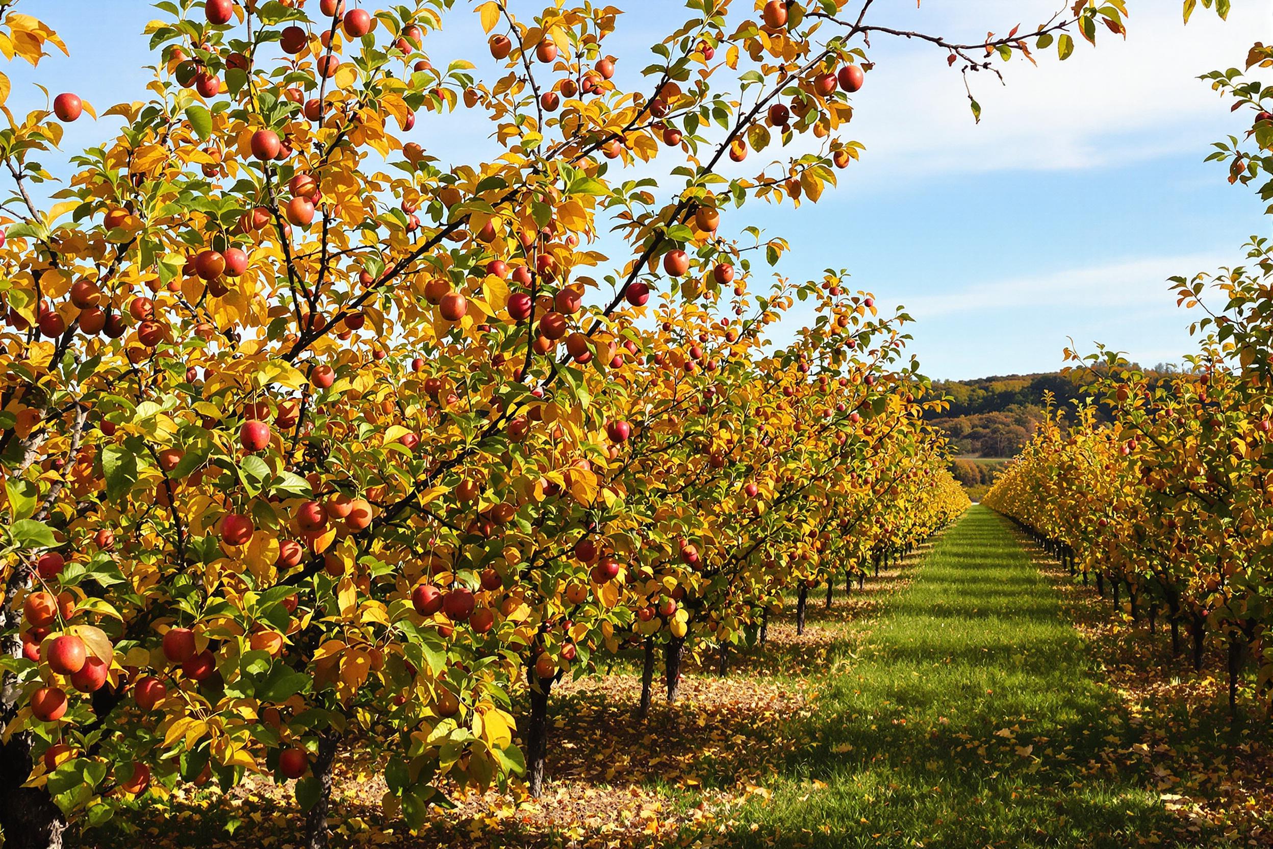 Vibrant Autumn Orchard with Ripe Fruits and Colorful Foliage