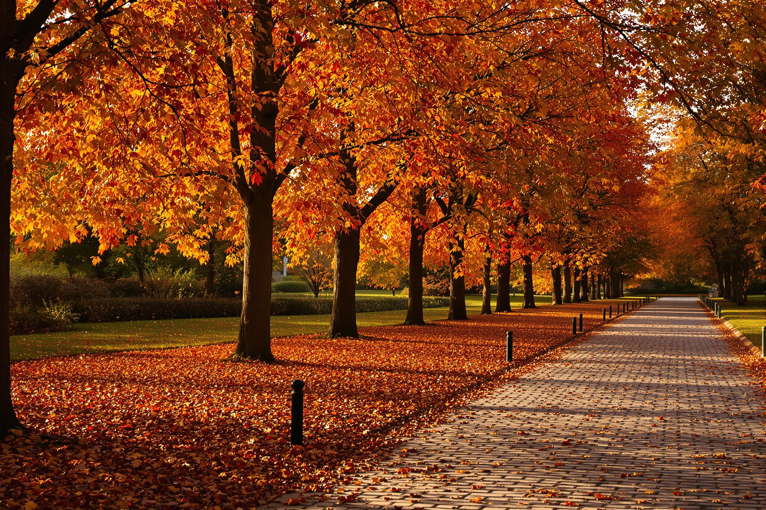 Golden autumn park with cascading leaves