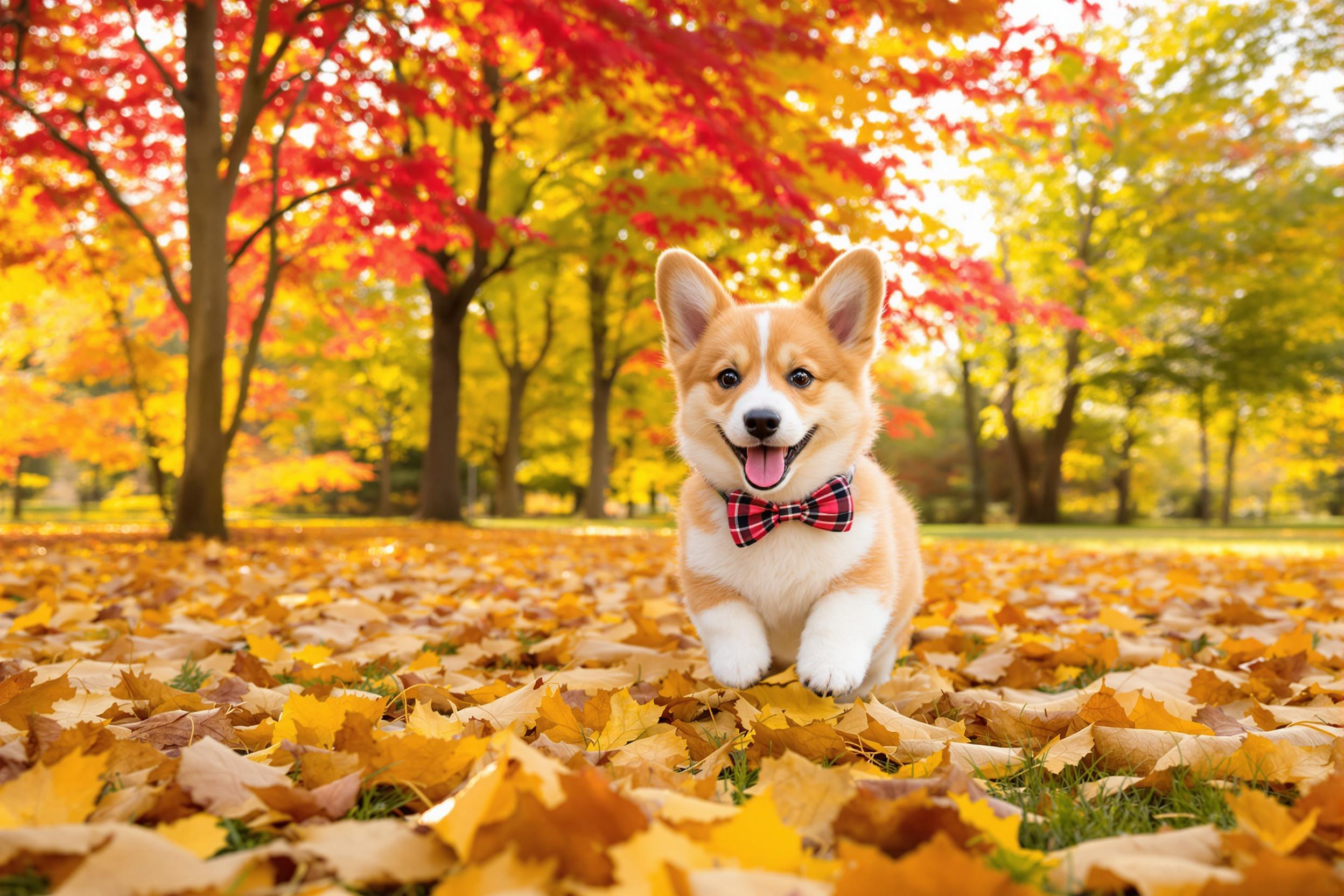 Corgi Puppy Frolicking in Autumn Leaves