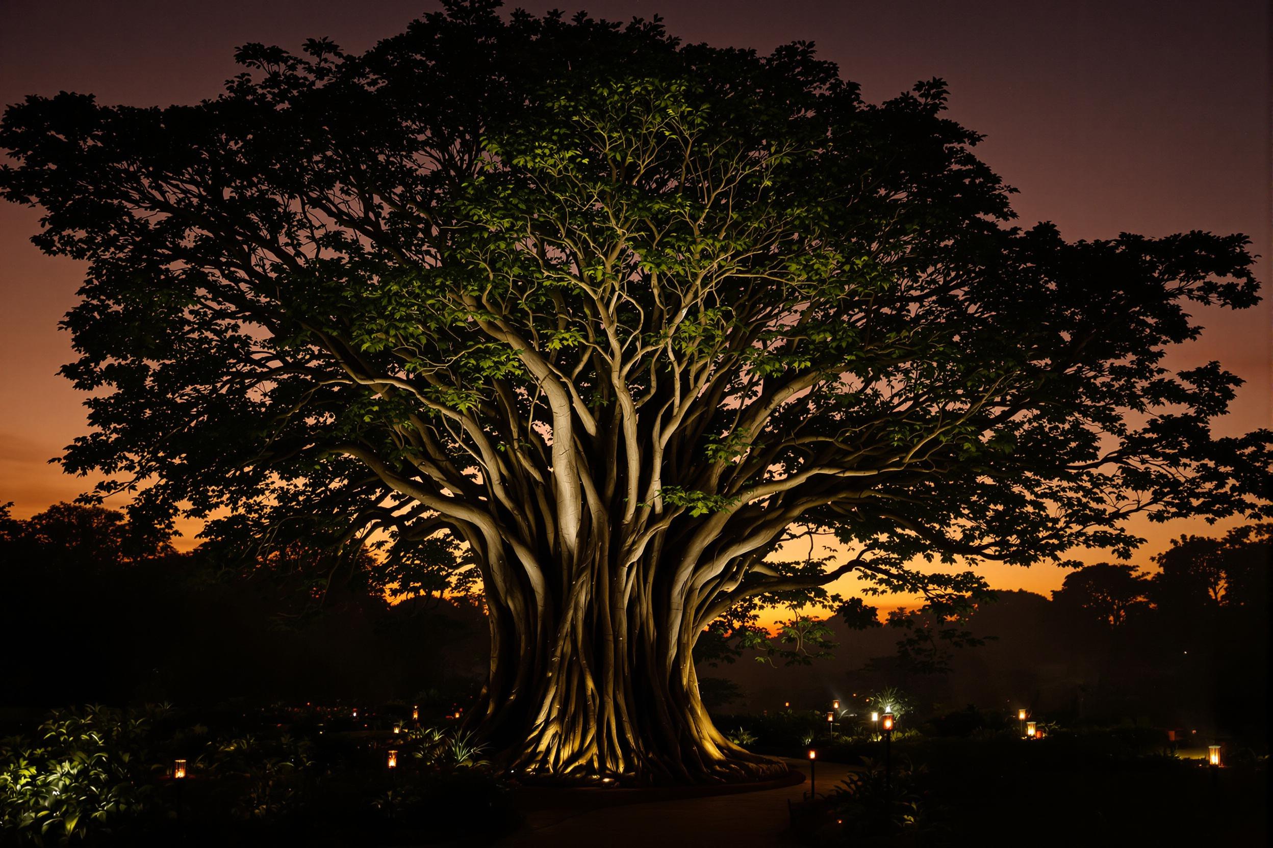 Majestic Banyan Tree Illuminated at Twilight