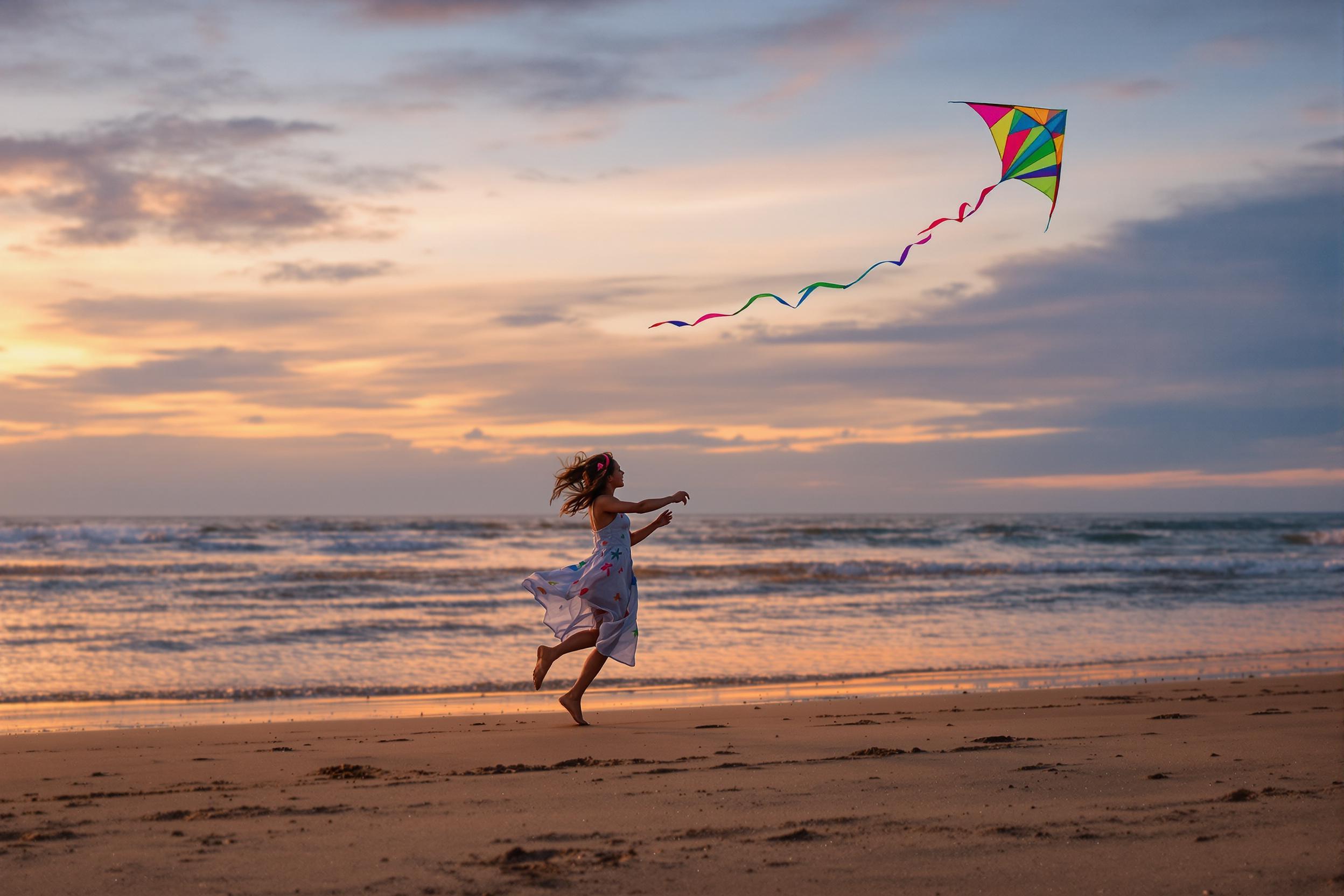 Girl Flying Kite on Sunset Beach