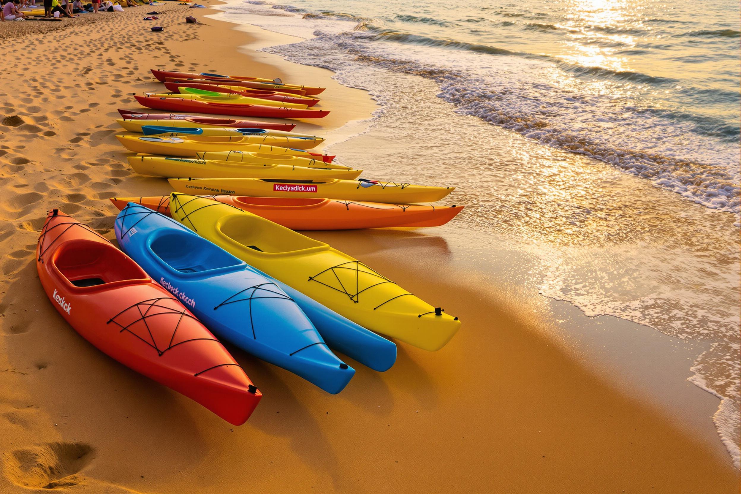 Colorful Kayaks on Golden Beach at Sunset