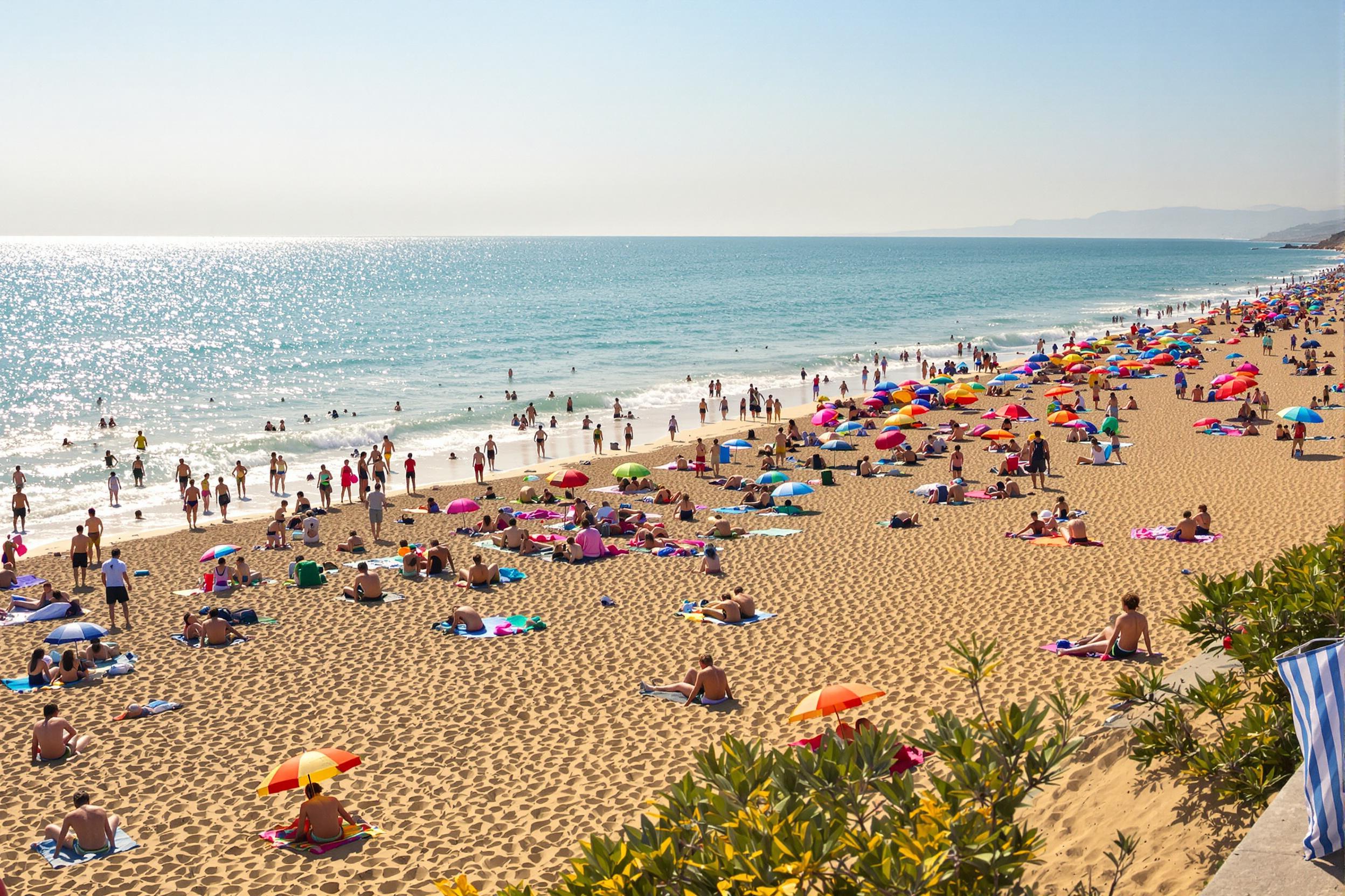 Vibrant Beach Scene with Sunbathers and Colorful Umbrellas