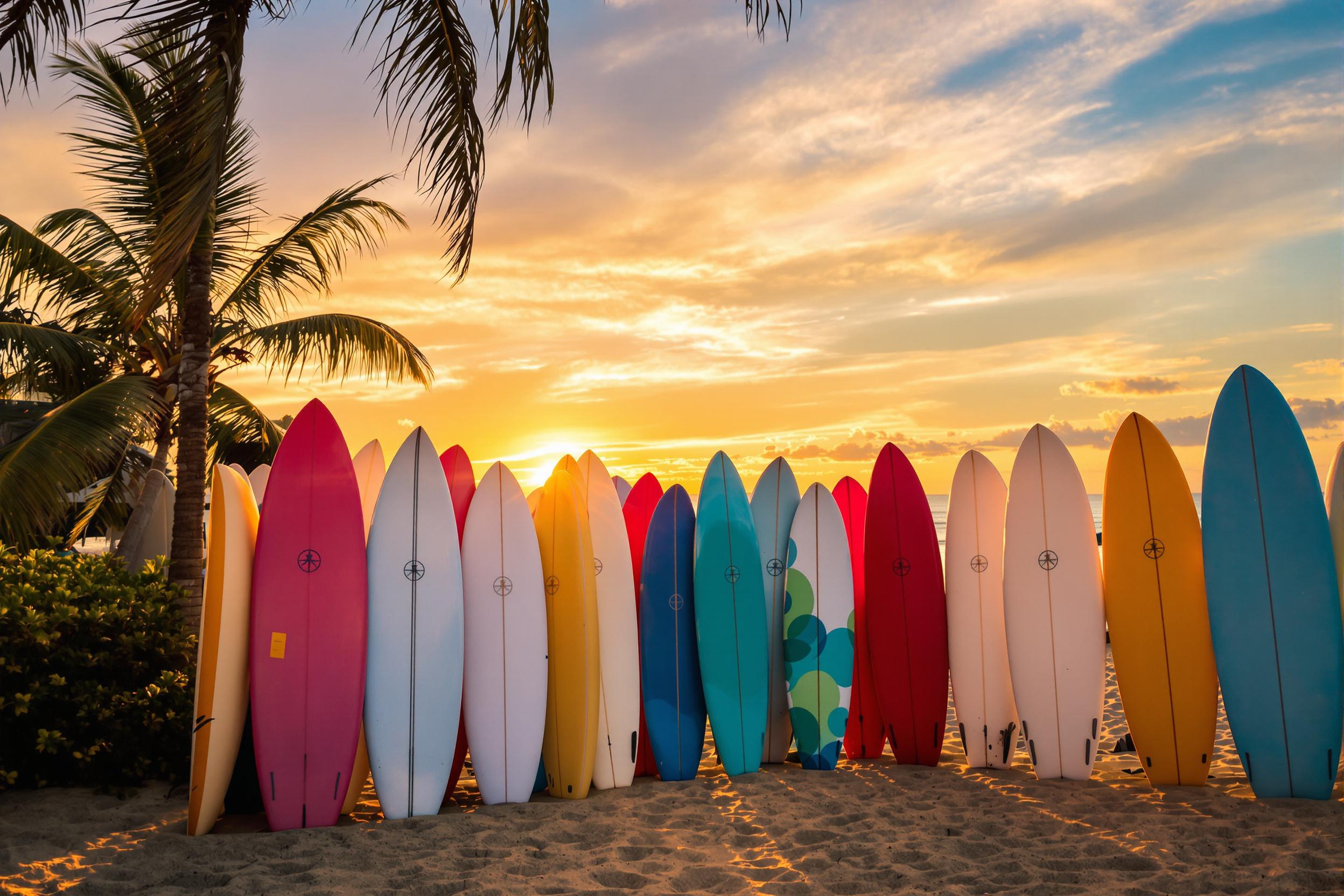 Colorful Surfboards Under a Palm Tree at Sunset