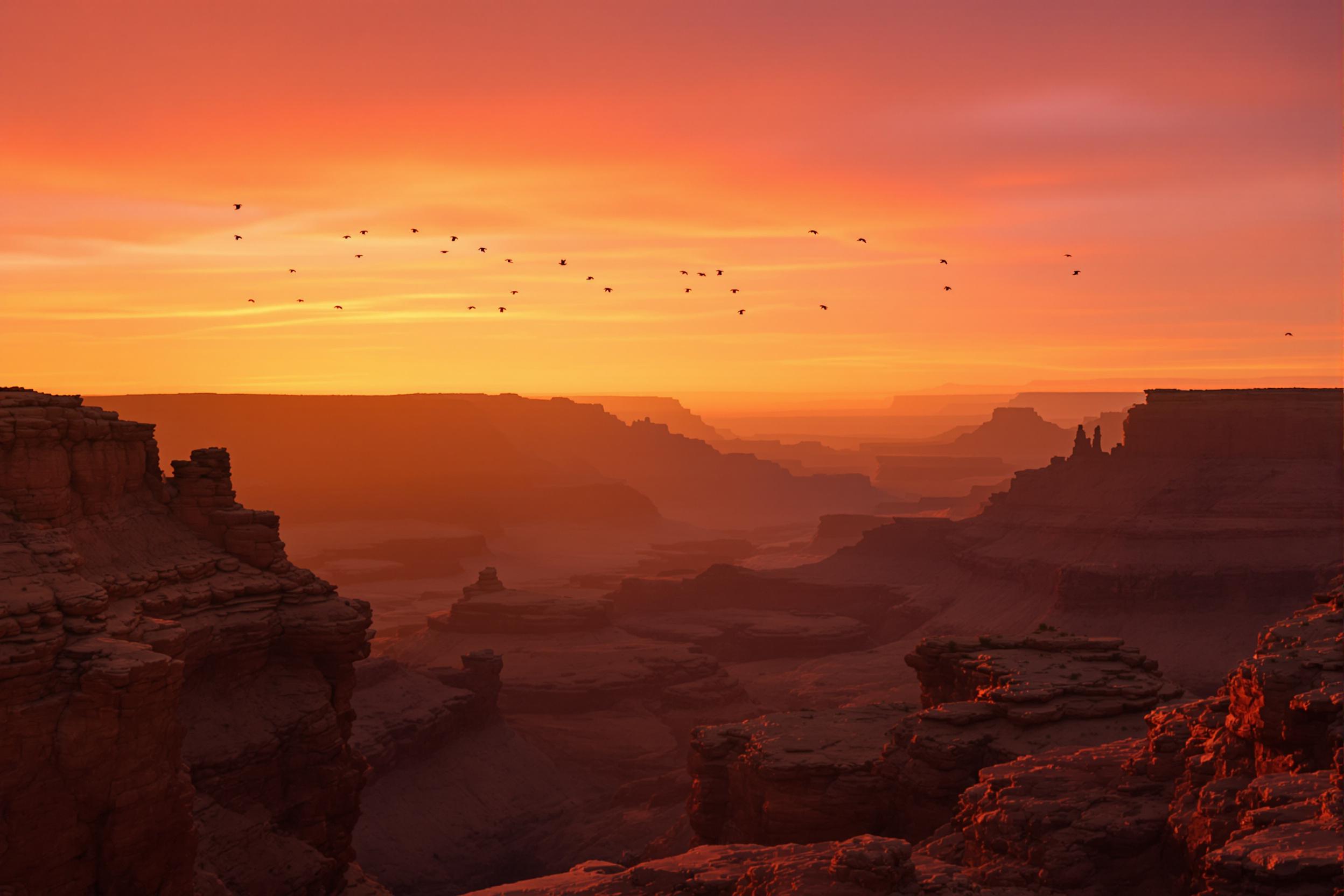 Bird silhouettes gliding above canyon at sunset