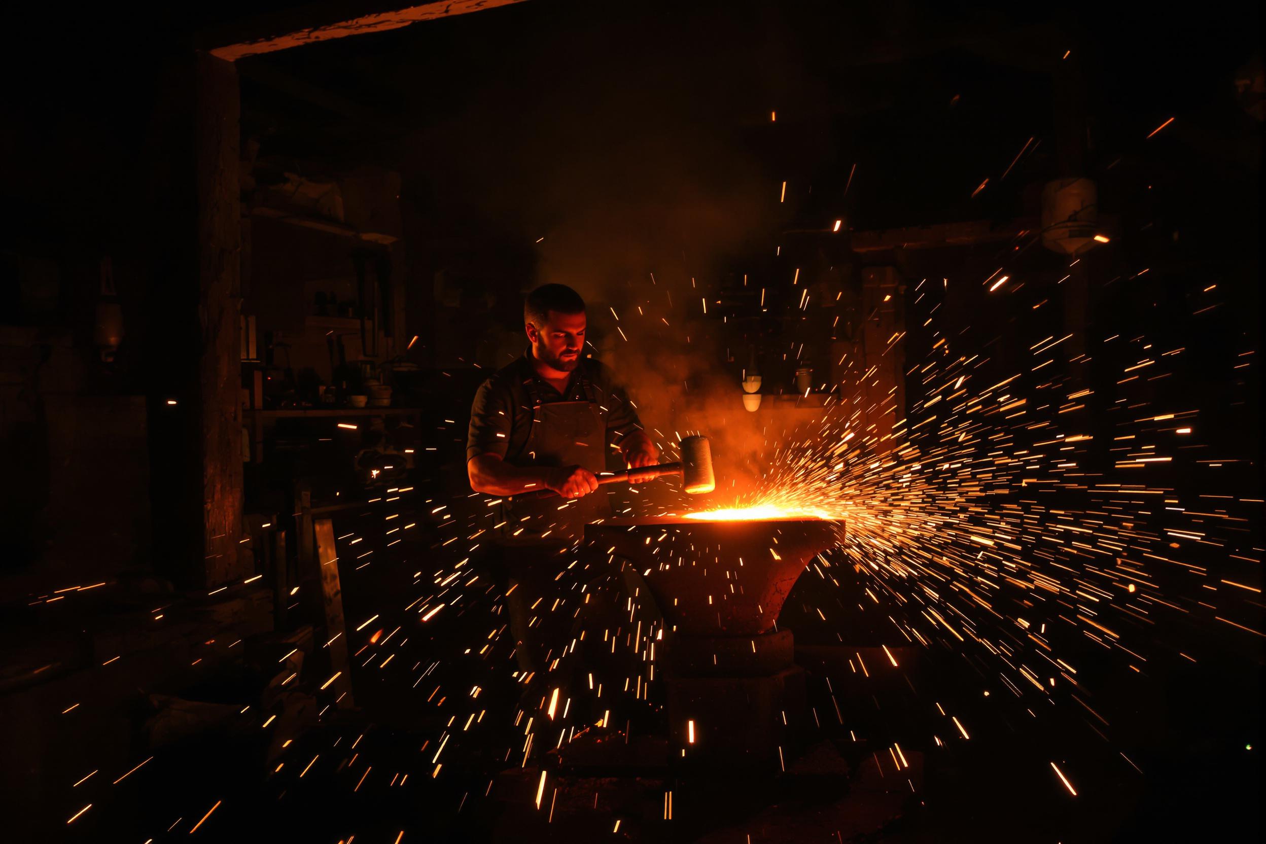 Blacksmith Forging Glowing Metal in Rustic Workshop