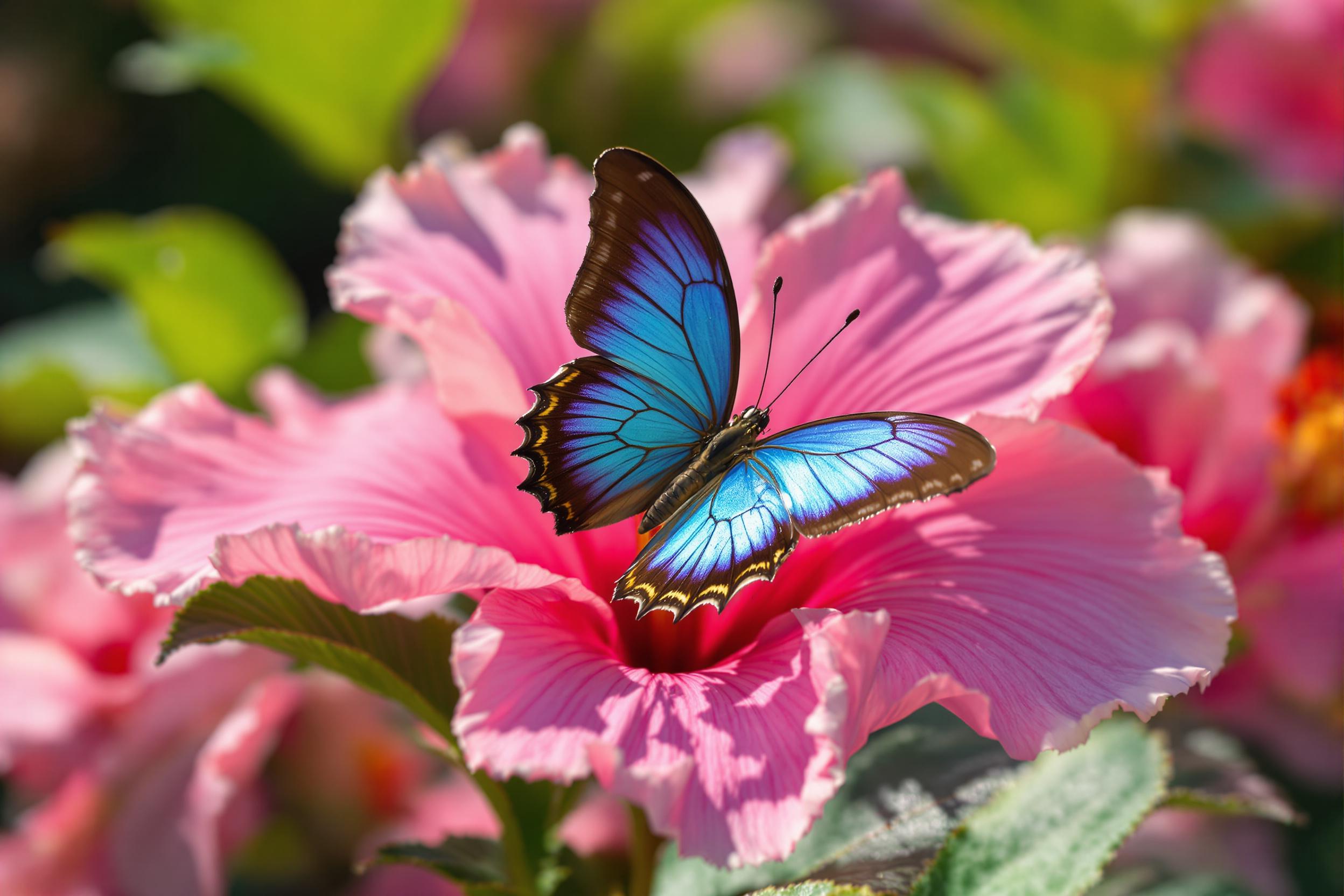 Blue Morpho Butterfly on Hibiscus Flower