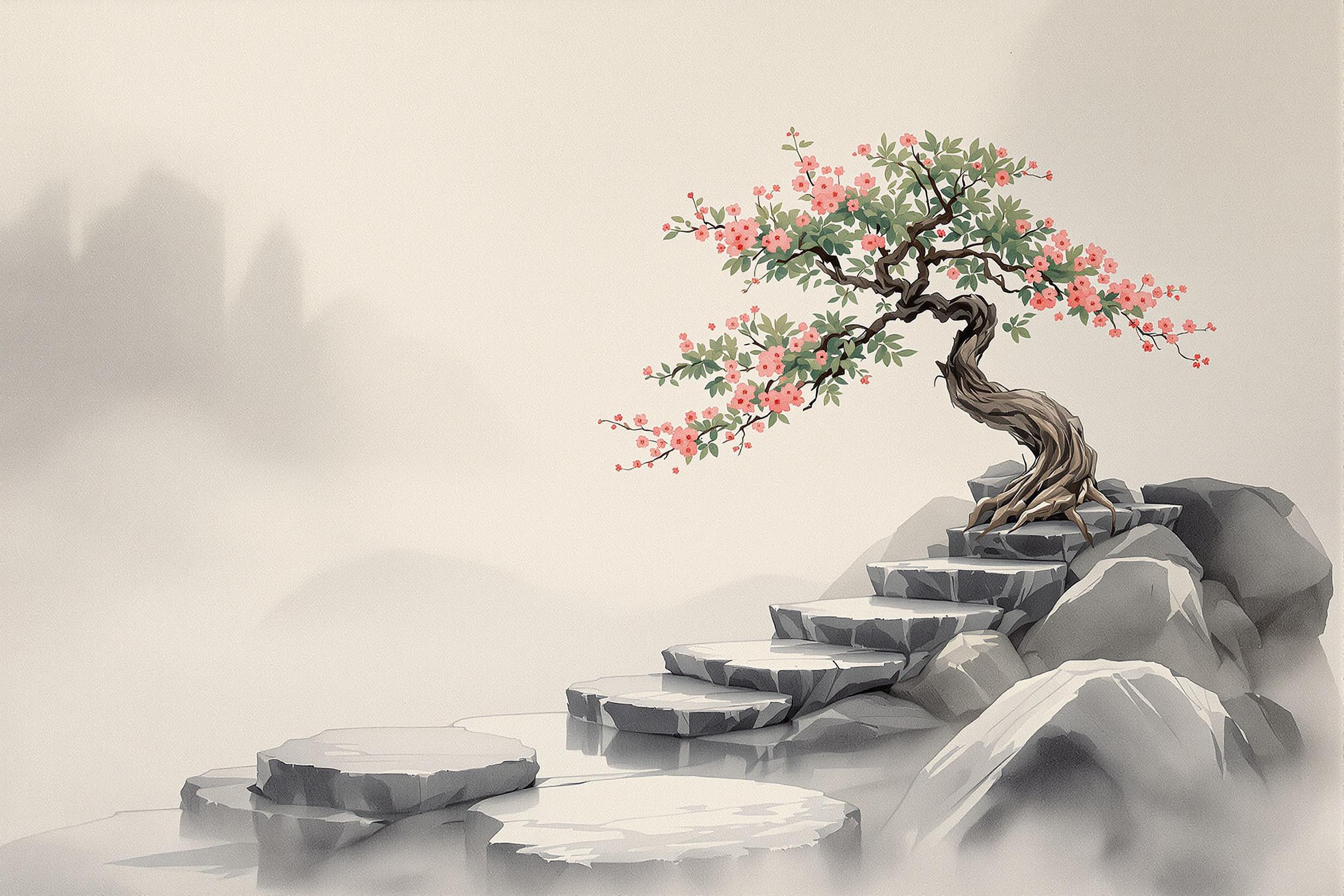 Lone Flowering Bonsai Amidst Morning Mist