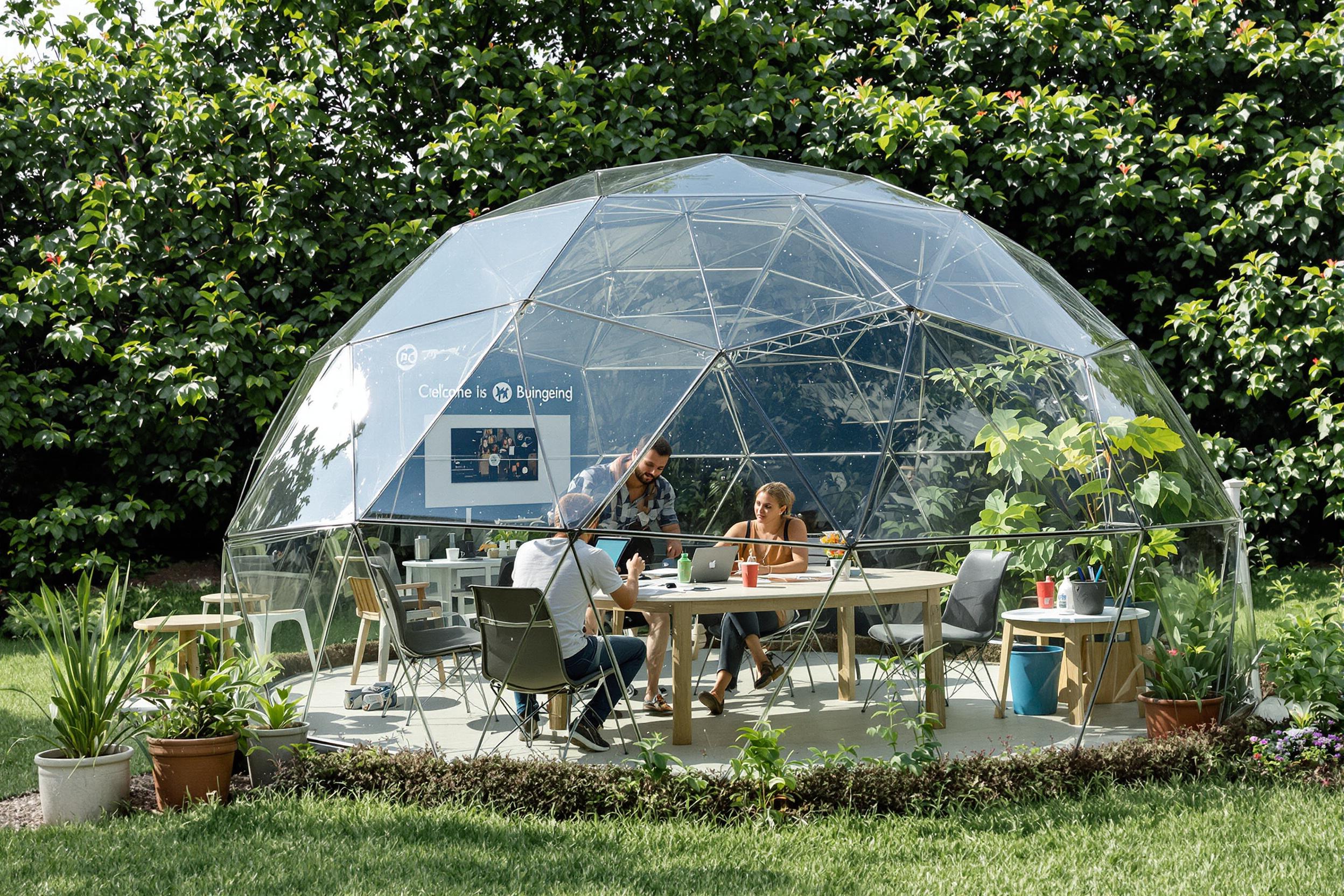 Innovative Brainstorming Session in Transparent Geodesic Dome Office